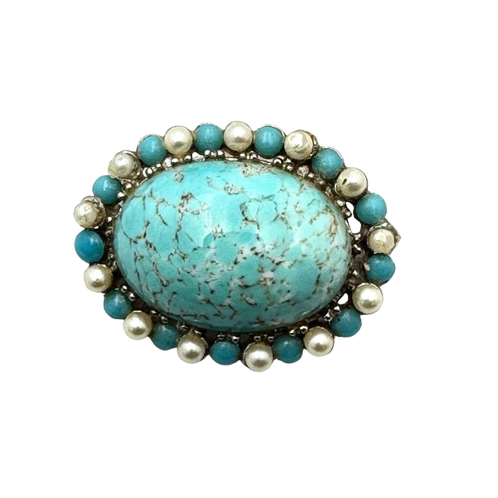 Vintage Turquoise Czech Glass Silver Tone Brooch Pin 1.5 Inch (1 of 2)