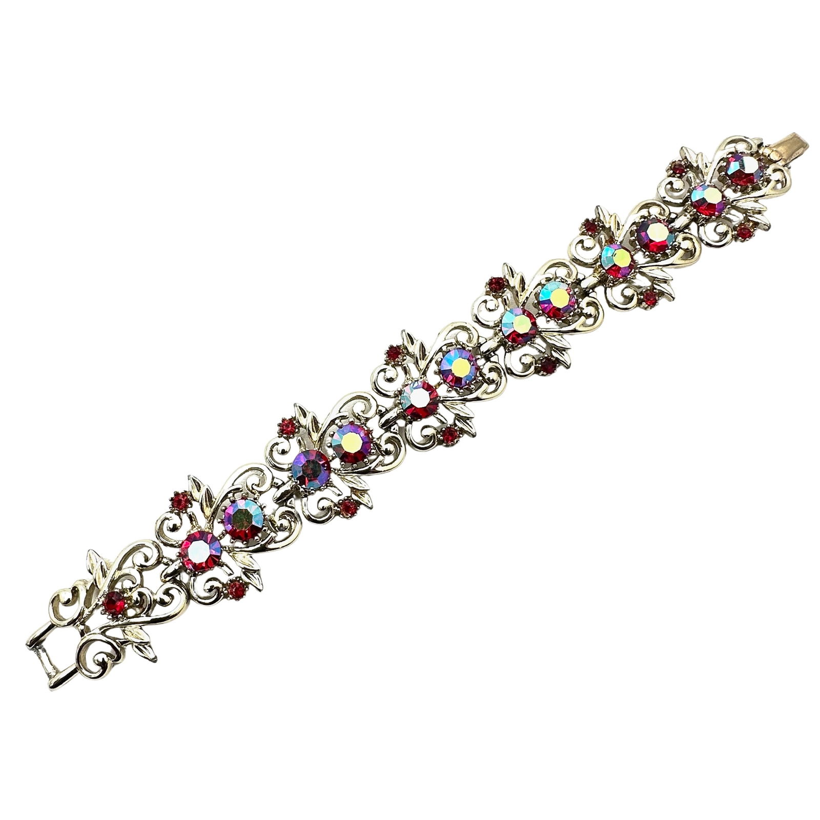 Vintage Coro Red Glass Aurora Borealis Rhinestone Gold Tone Bracelet 7 Inch (1 of 2)