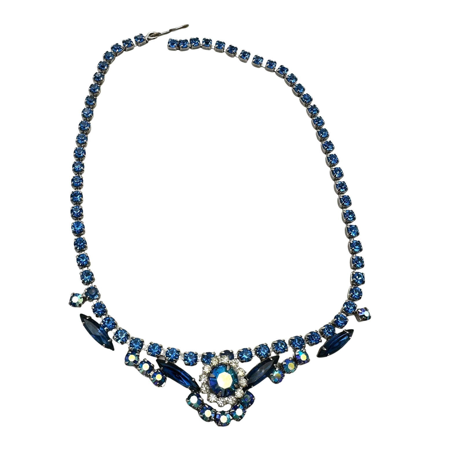 Vintage Blue Glass Rhinestone Silver Tone Necklace 15 Inch (1 of 2)