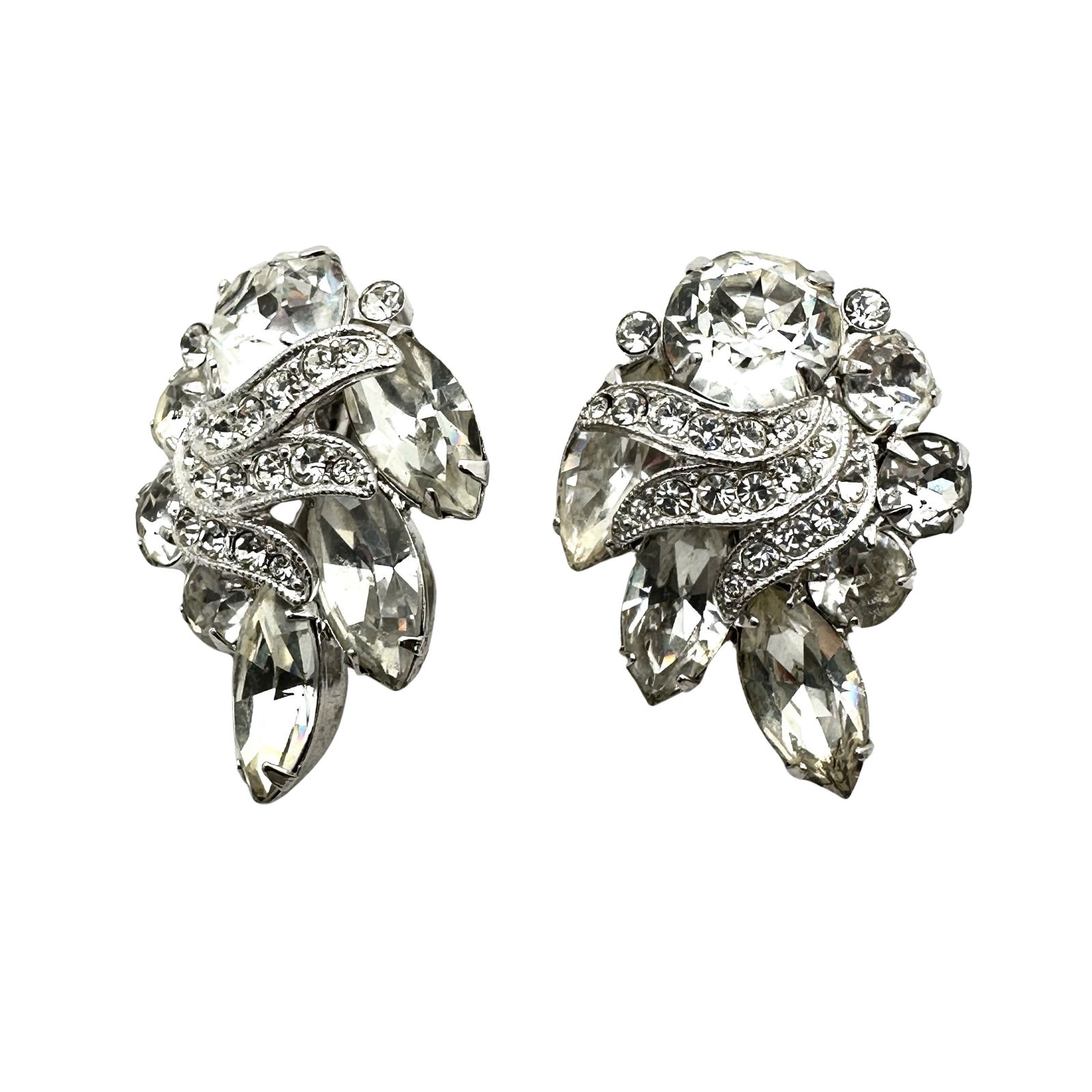 Vintage Eisenberg Clear Rhinestone Silver Tone Clip Earrings 1.25 Inch Pristine Condition (1 of 2)