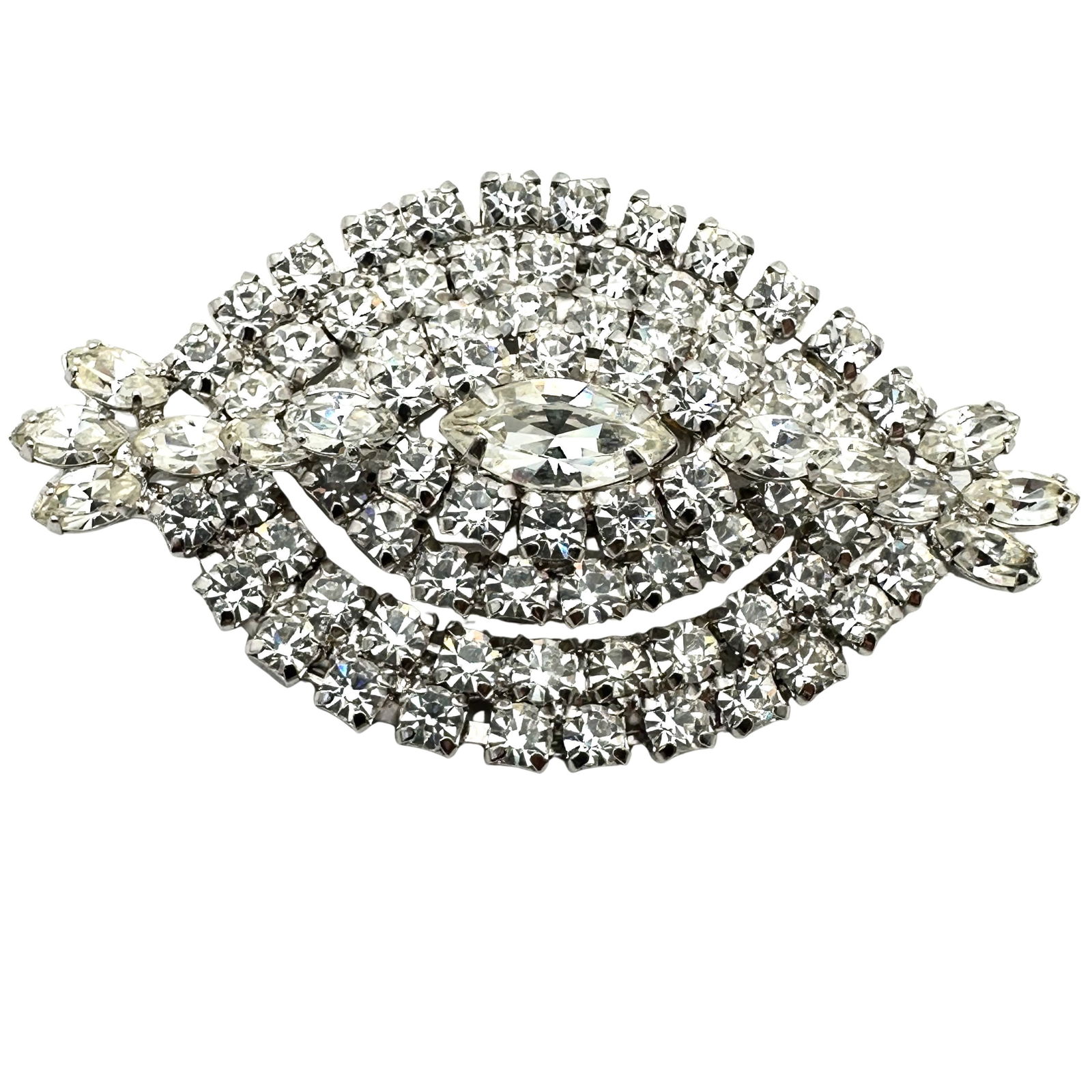 Vintage Clear Glass Rhinestone Silver Tone Brooch Pin 2.75 Inch Unsigned Pristine Condition (1 of 2)