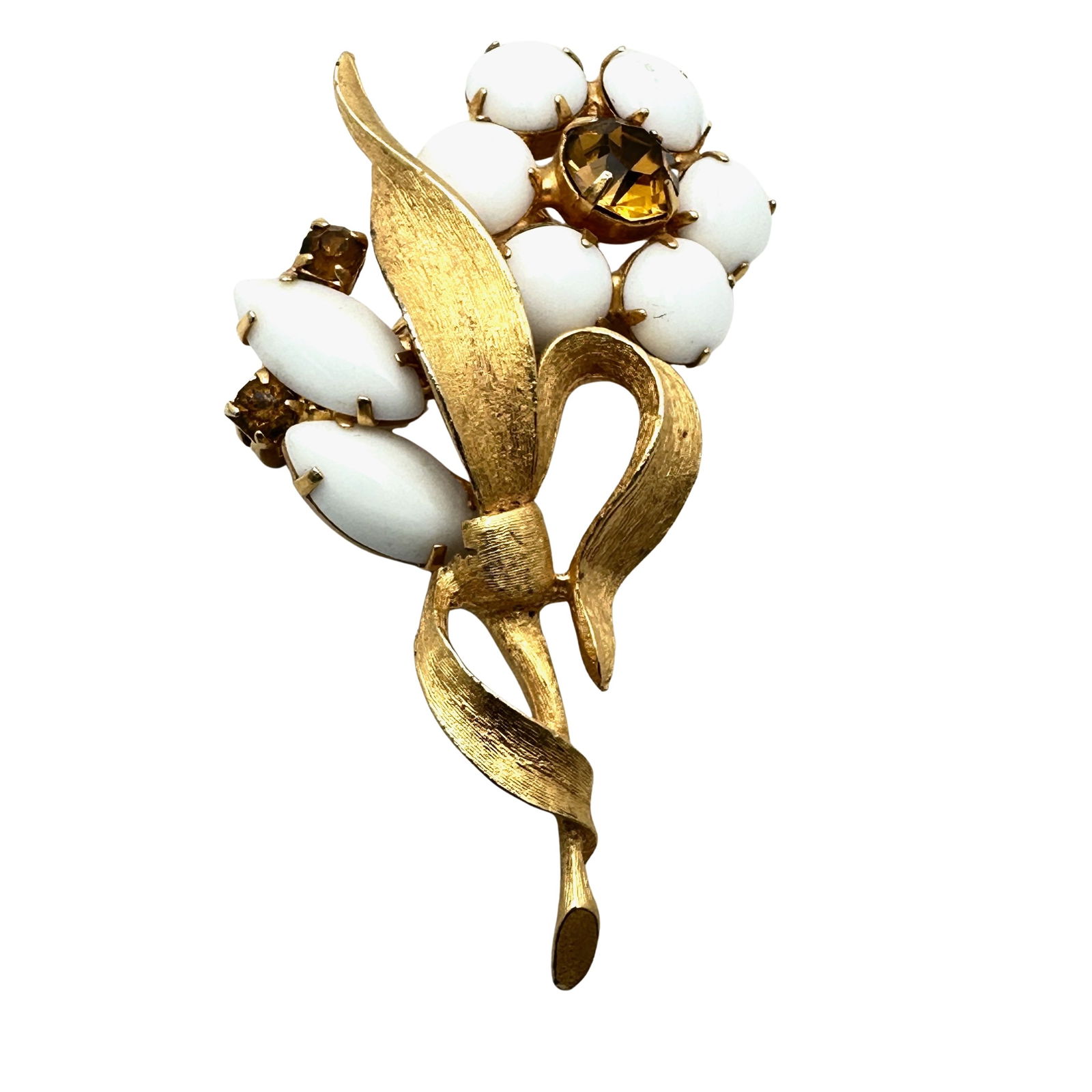 Vintage White Milk Glass Rhinestone Gold Tone Flower Brooch Pin 2.25 Inch (1 of 2)