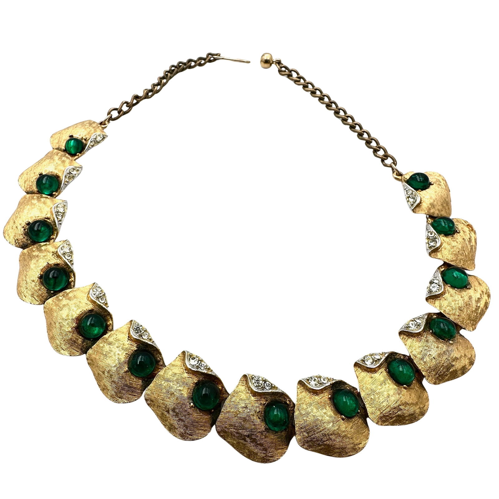 Vintage ART Arthur Pepper Emerald Green Glass Cabochon Clear Rhinestone Gold Tone Statement Necklace (1 of 2)