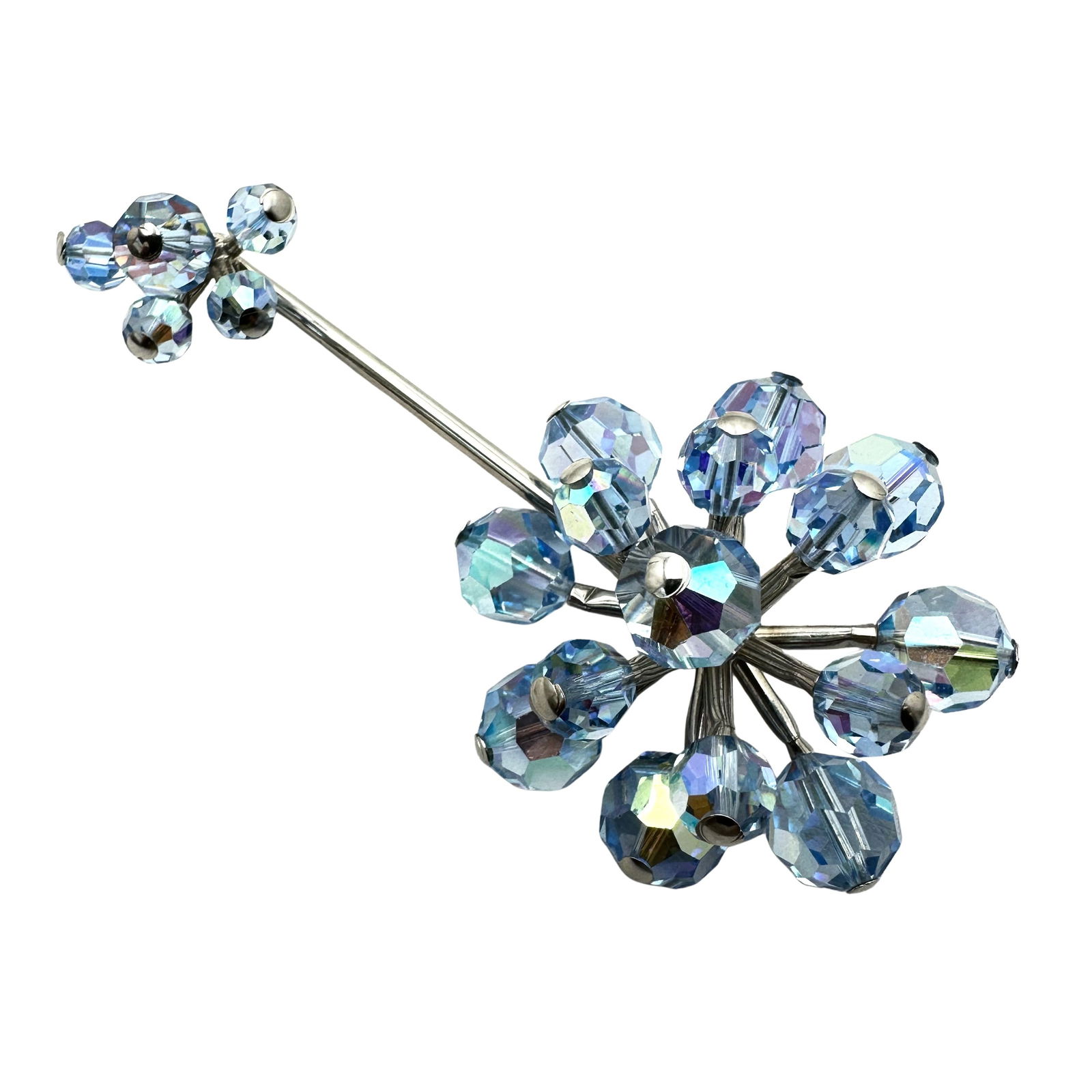 Unusual Vintage Brooch Pin Blue Aurora Borealis Crystal Silver Tone Sputnik Design 3.5 Inch (1 of 2)