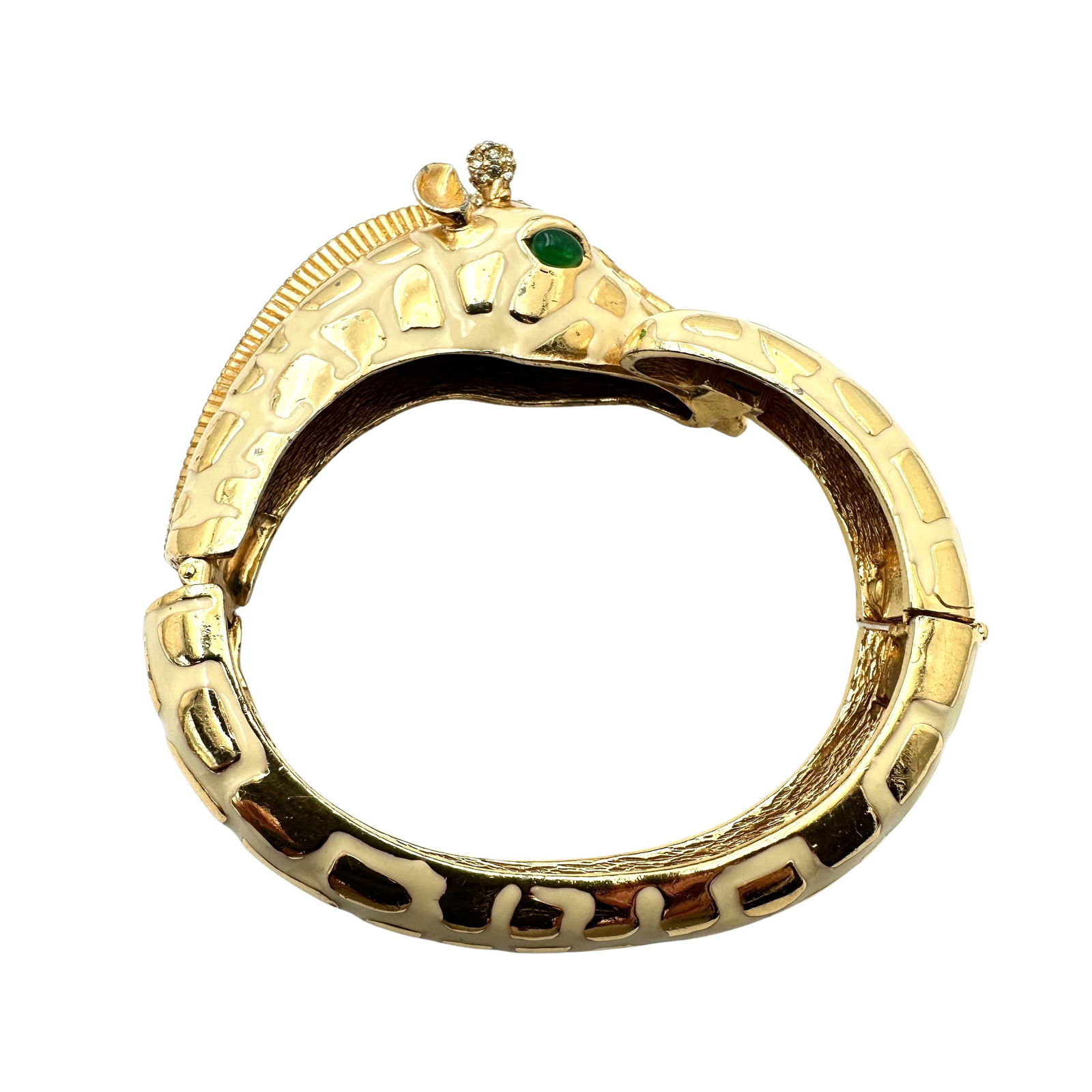 Vintage Ciner Off White Enamel Green Rhinestone Gold Tone Giraffe Cuff Bracelet Excellent Condition: Vintage Ciner Off White Enamel Green Rhinestone Gold Tone Giraffe Cuff Bracelet Excellent Condition