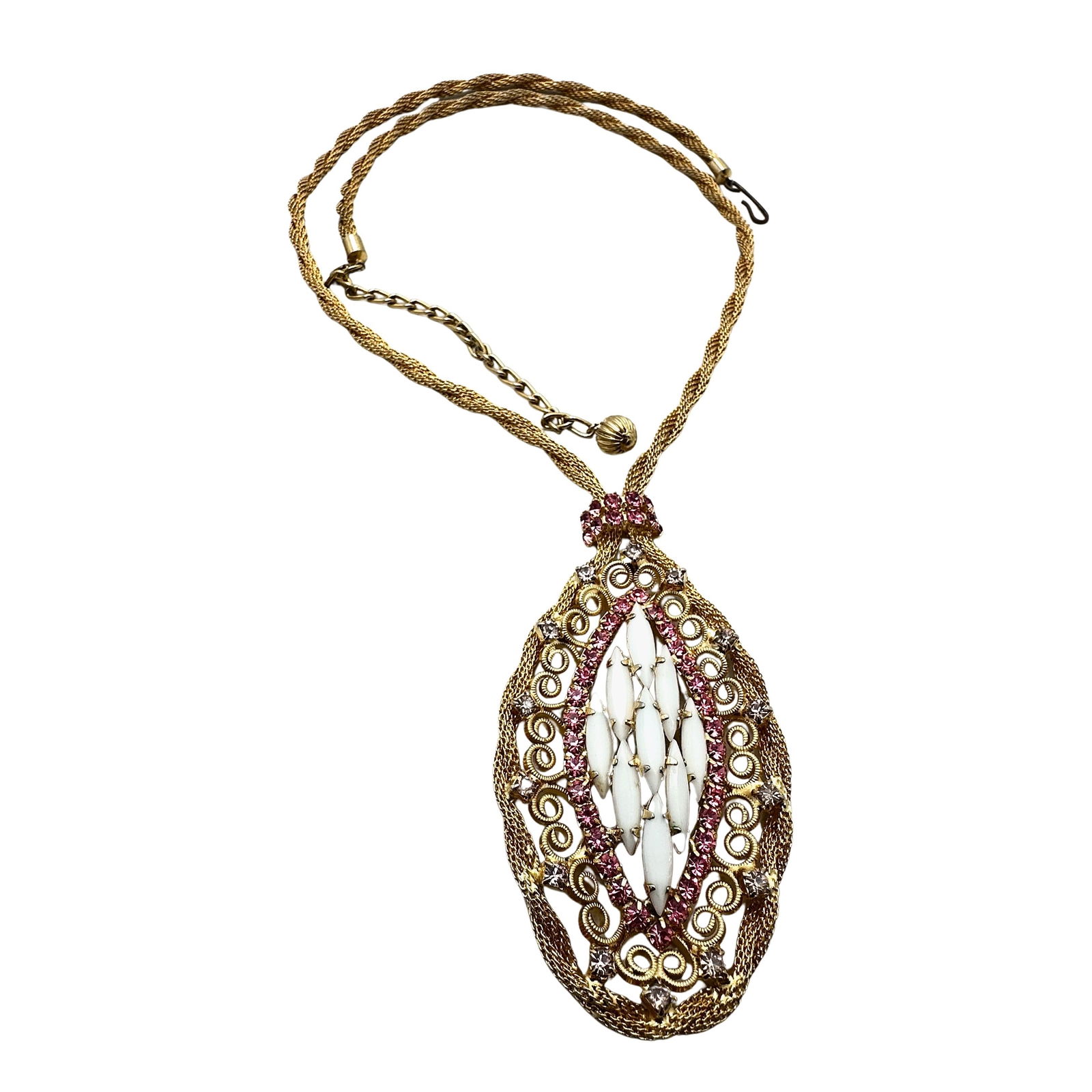 Vintage Juliana Pink and White Glass Rhinestone Filigree Pendant Gold Tone Necklace 24 Inch: Vintage Juliana Pink and White Glass Rhinestone Filigree Pendant Gold Tone Necklace 24 Inch