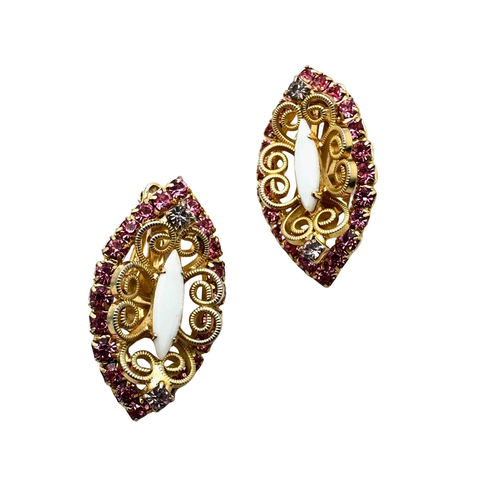 Vintage Juliana Pink and White Glass Rhinestone Filigree Gold Tone Clip Earrings 1.25 Inch (1 of 2)