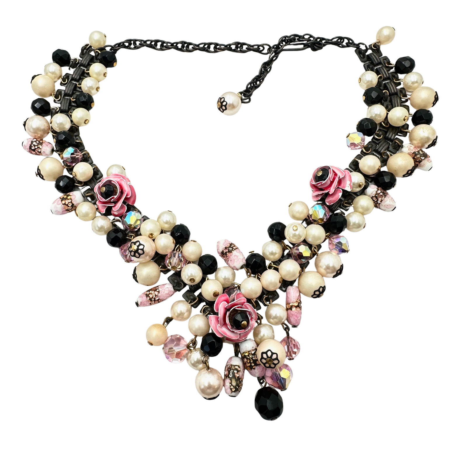 Vintage High End Unsigned Pink Enamel Flower Glass Bead Bib Necklace 16 Inch (1 of 2)
