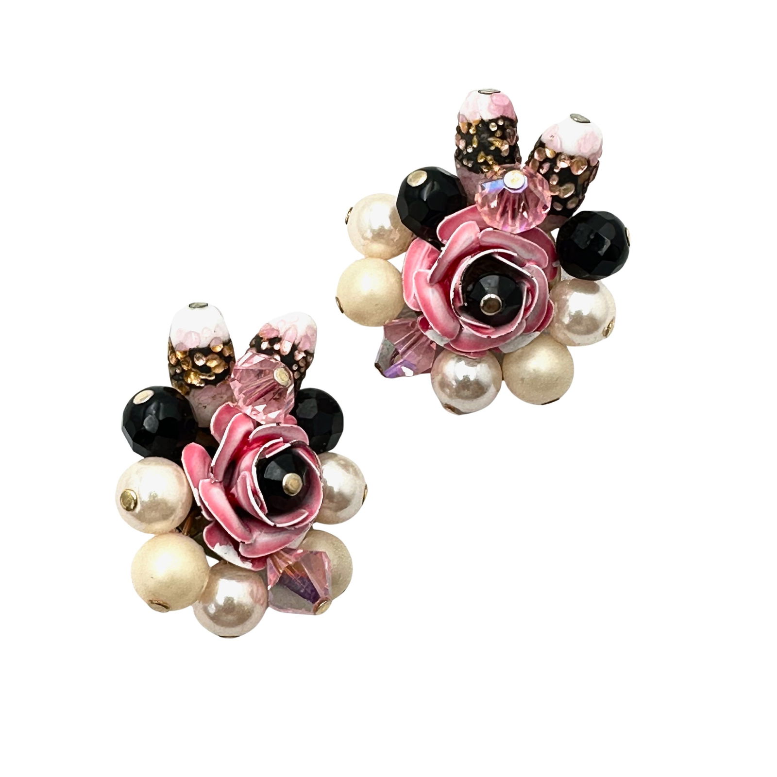 Vintage High End Unsigned Pink Enamel Flower Glass Bead Clip Earrings 1.25 Inch: Vintage High End Unsigned Pink Enamel Flower Glass Bead Clip Earrings 1.25 Inch