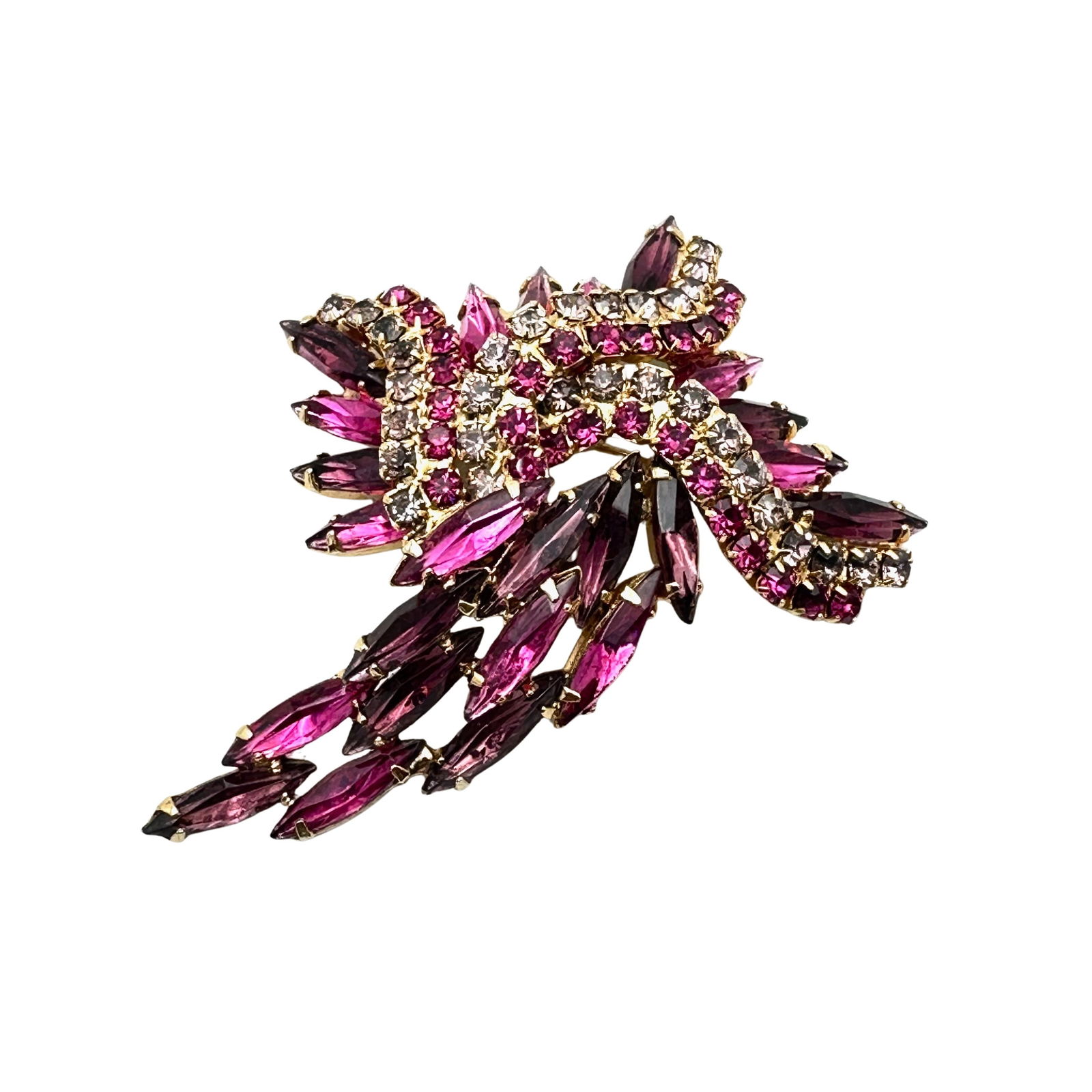 Vintage Pink Purple Glass Rhinestone Gold Tone Brooch Pin 2.5 Inch (1 of 2)