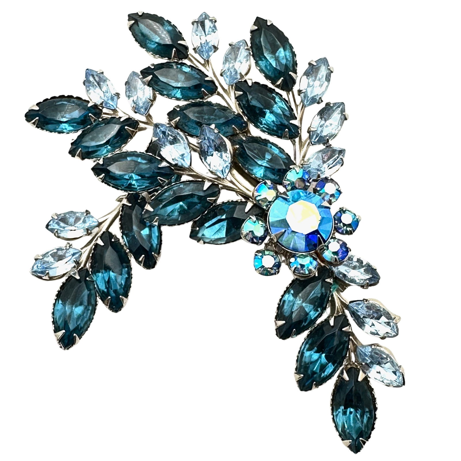Vintage Shades of Blue Glass Rhinestone Silver Tone Brooch Pin 3 Inch (1 of 3)