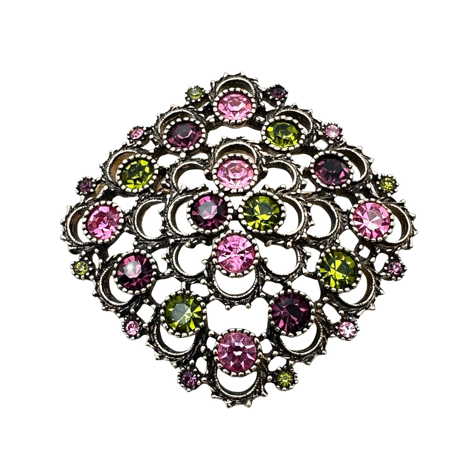 Vintage Sarah Coventry Pink Purple Rhinestone Gold Tone Brooch Pin 2.5 Inch (1 of 2)