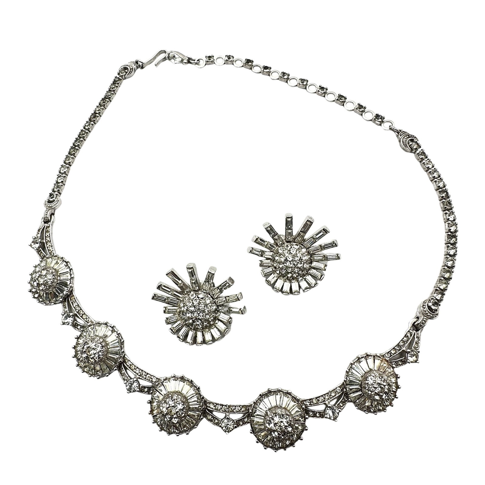 Vintage 1940s Era Pell Clear Glass Rhinestone Silver Tone Necklace 15 Inch Clip Earrings (1 of 2)