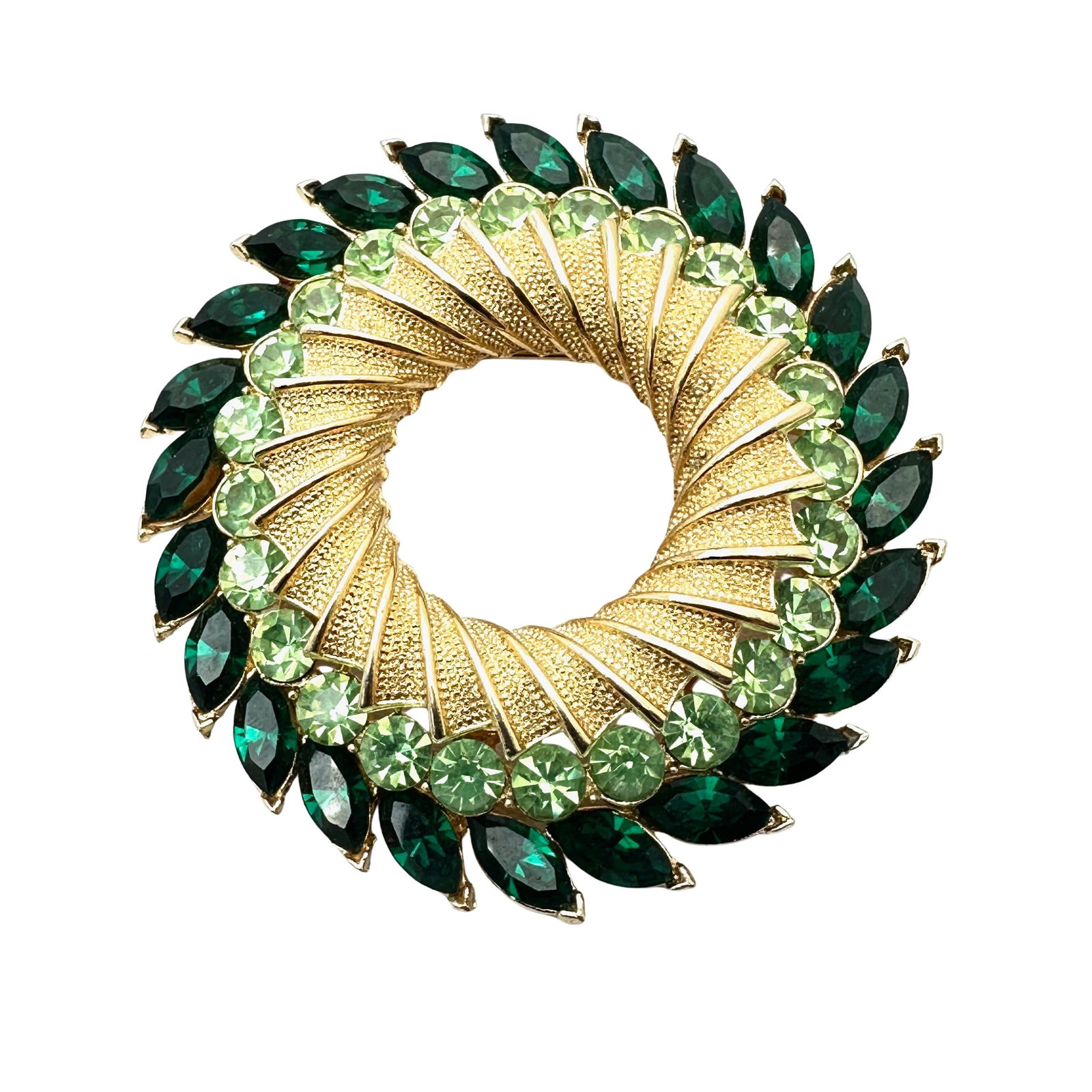Vintage Shades of Green Glass Rhinestone Gold Tone Brooch Pin 2.5 Inch (1 of 2)