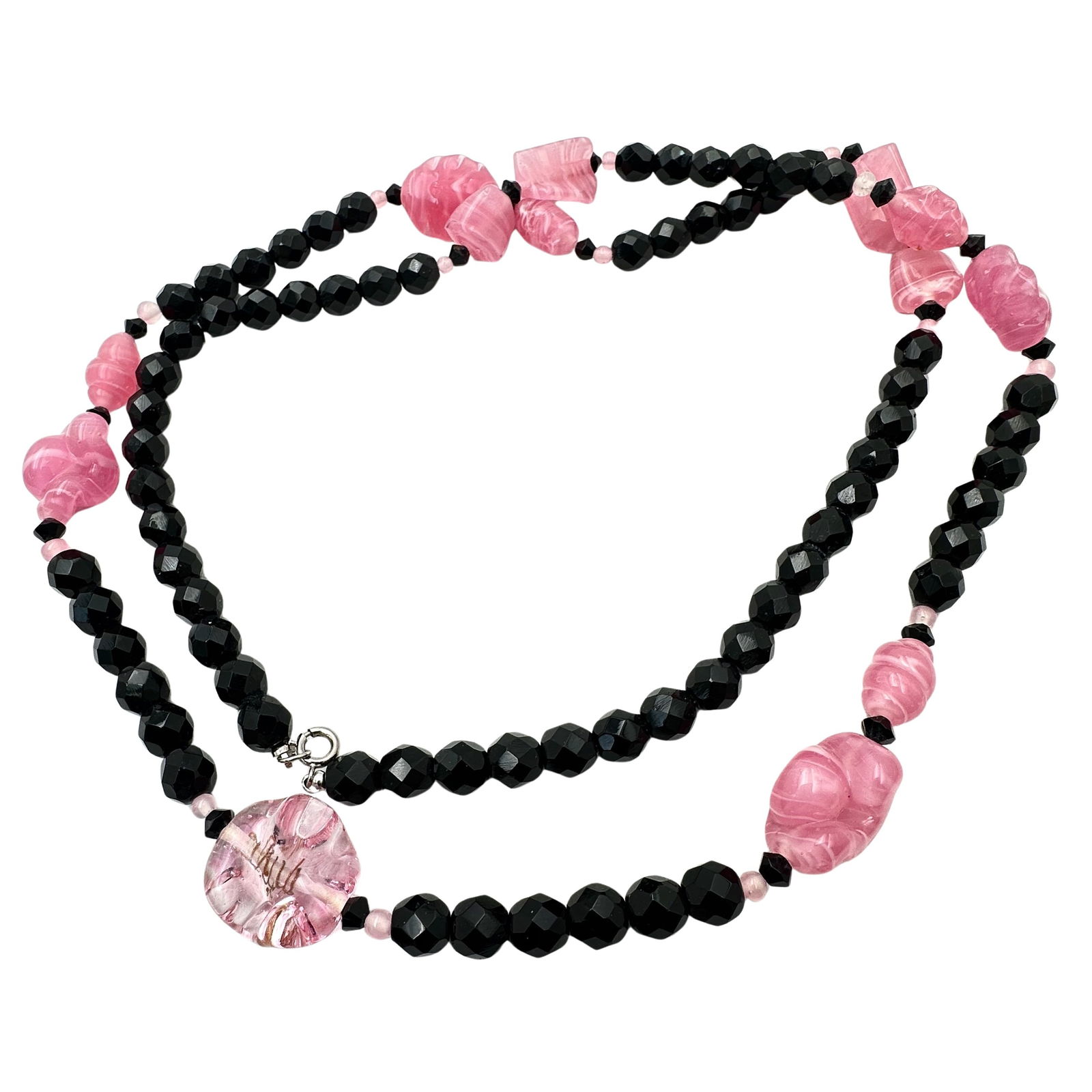 Vintage Black And Pink Czech Glass Bead Necklace 32 Inch (1 of 2)