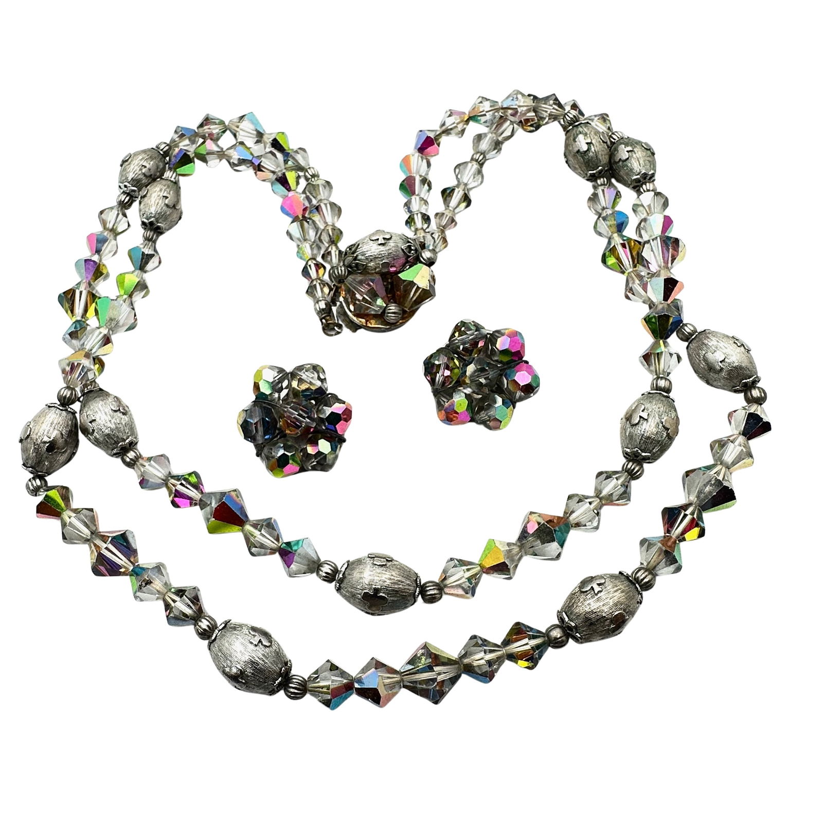 Vintage Aurora Borealis Crystal Multi Strand Silver Tone 17 Inch Necklace And Clip Earrings Set (1 of 2)