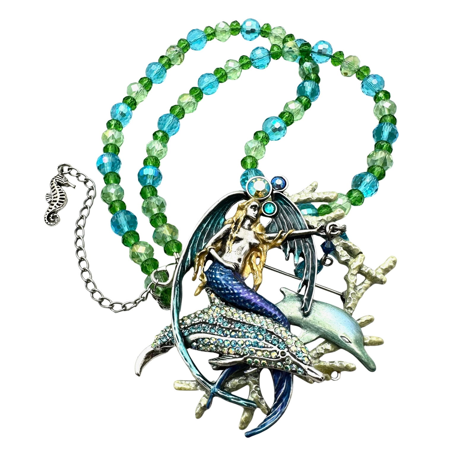 Kirks Folly Crystal Mermaid Dolphin Necklace Silver Tone Green Aurora Borealis Crystal Necklace: Kirks Folly Crystal Mermaid Dolphin Necklace Silver Tone Green Aurora Borealis Crystal Necklace Magnetic Clasp 18 to 20 Inch