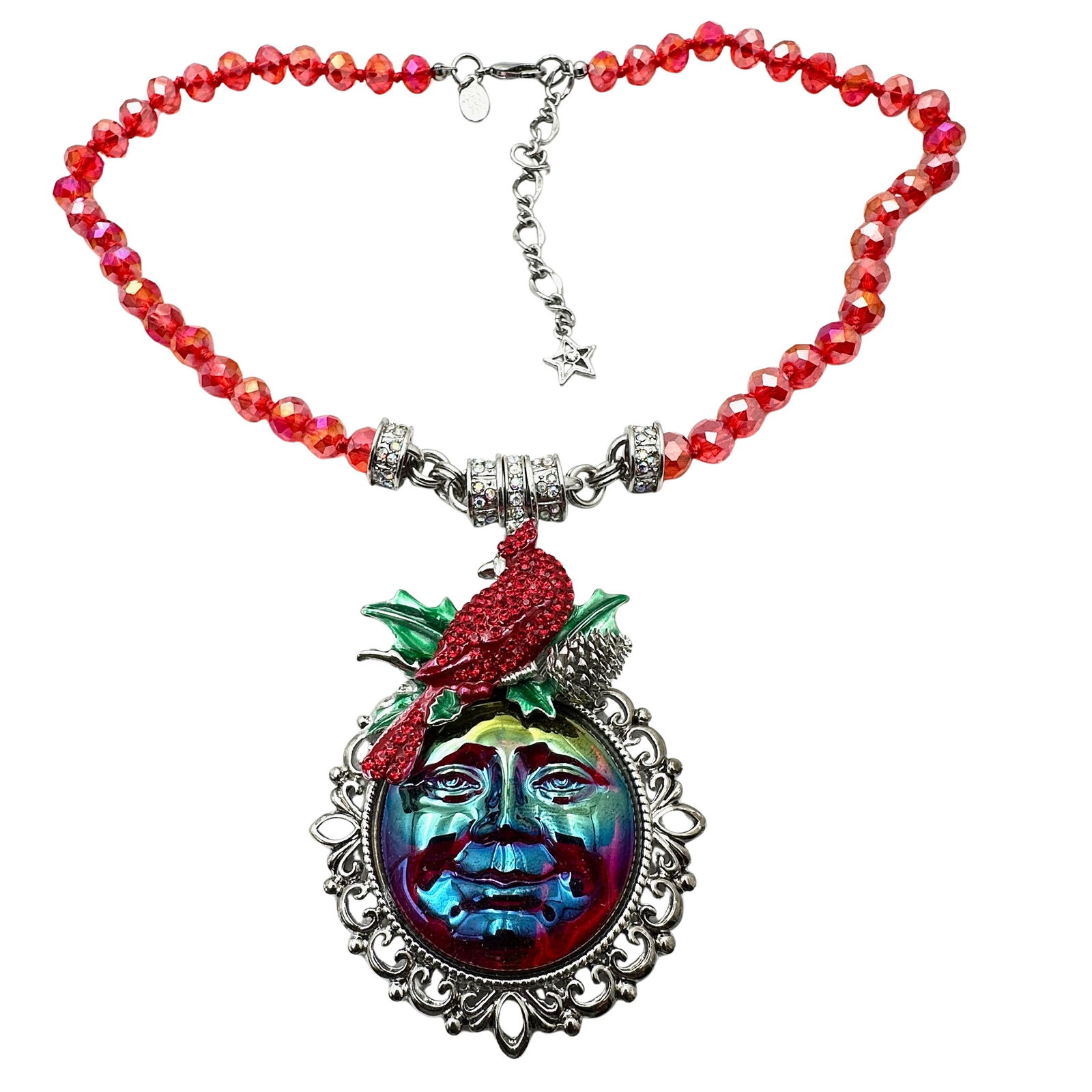 Kirks Folly Crystal Moon Cardinal Bird Silver Tone Aurora Borealis Necklace Magnetic Clasp 16 to 18 (1 of 2)