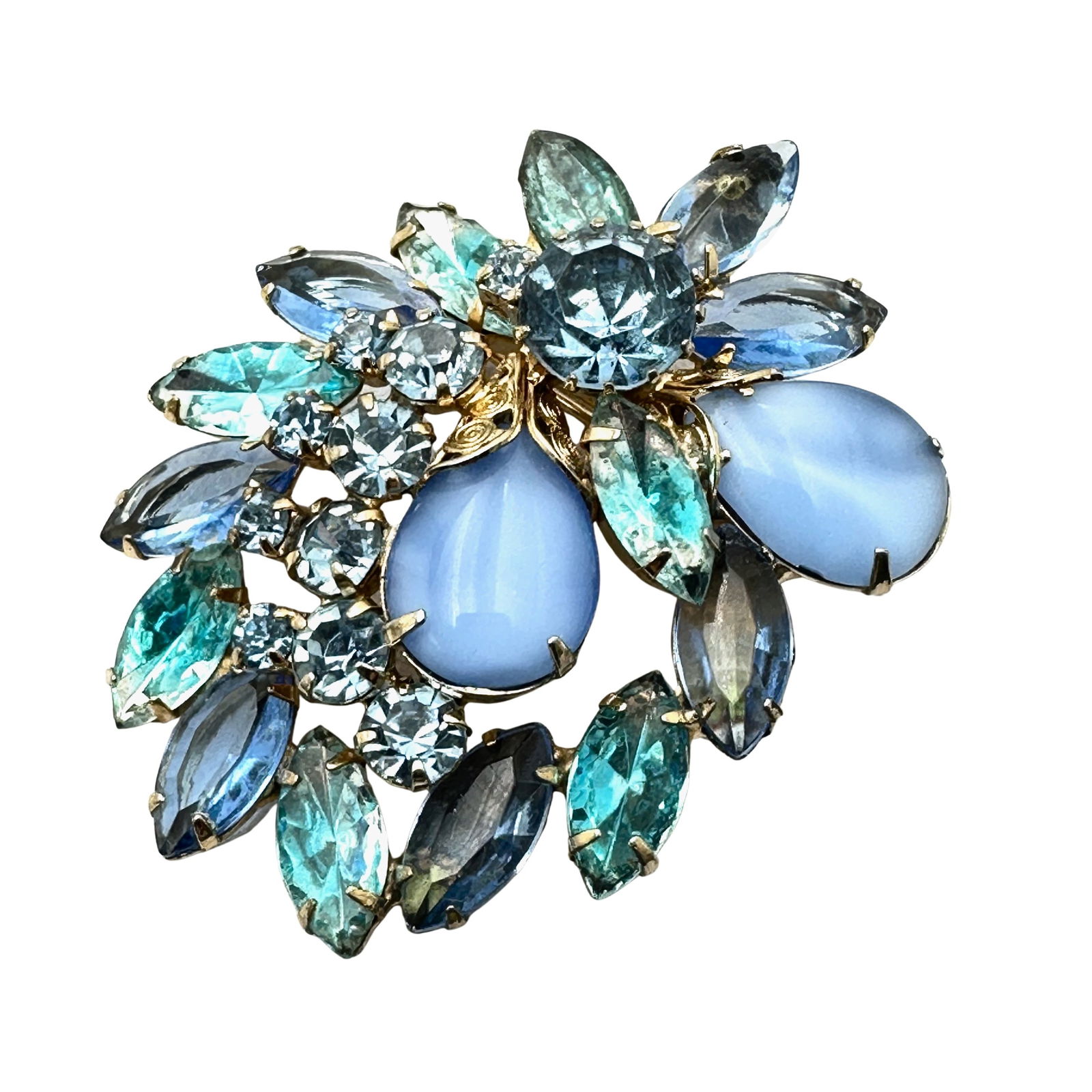 Vintage High End Unsigned Blue Givre Glass Rhinestone Gold Tone Brooch Pin 2.5 Inch (1 of 2)