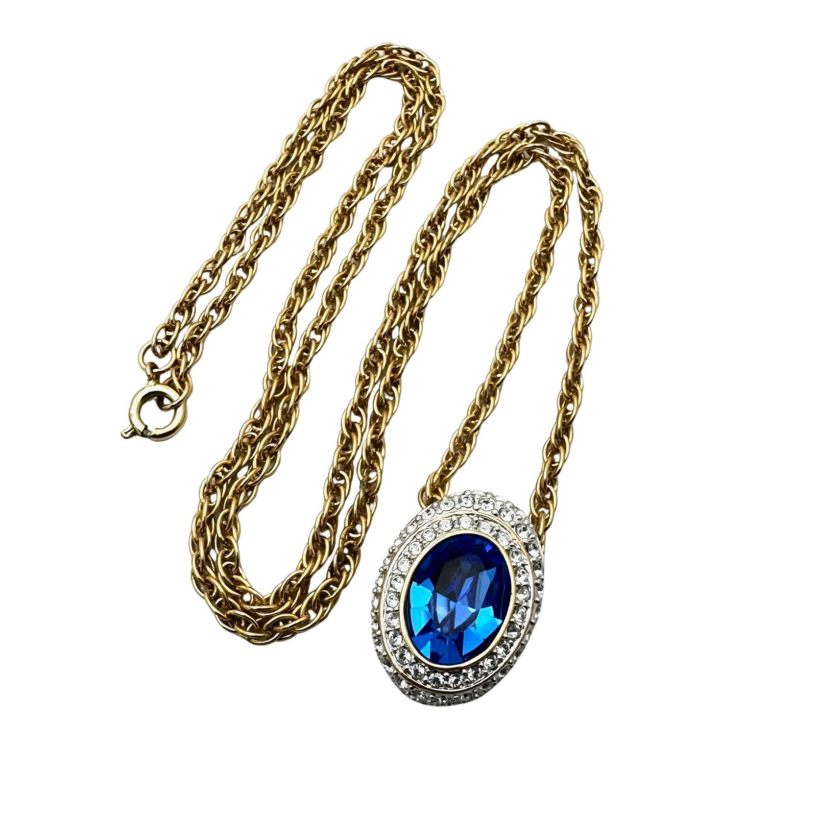 Vintage Nolan Miller Blue And Clear Crystal Pendant Gold Tone Necklace 22 Inch: Vintage Nolan Miller Blue And Clear Crystal Pendant Gold Tone Necklace 22 Inch
