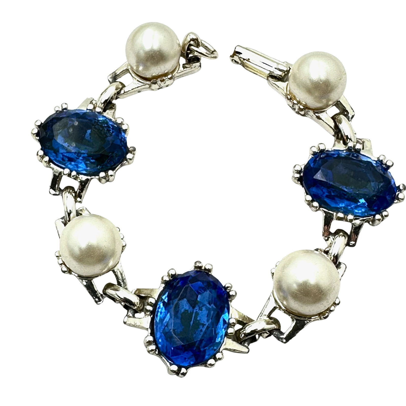 Vintage Blue Rhinestone Faux Pearl Gold Tone Bracelet 7 Inch (1 of 2)
