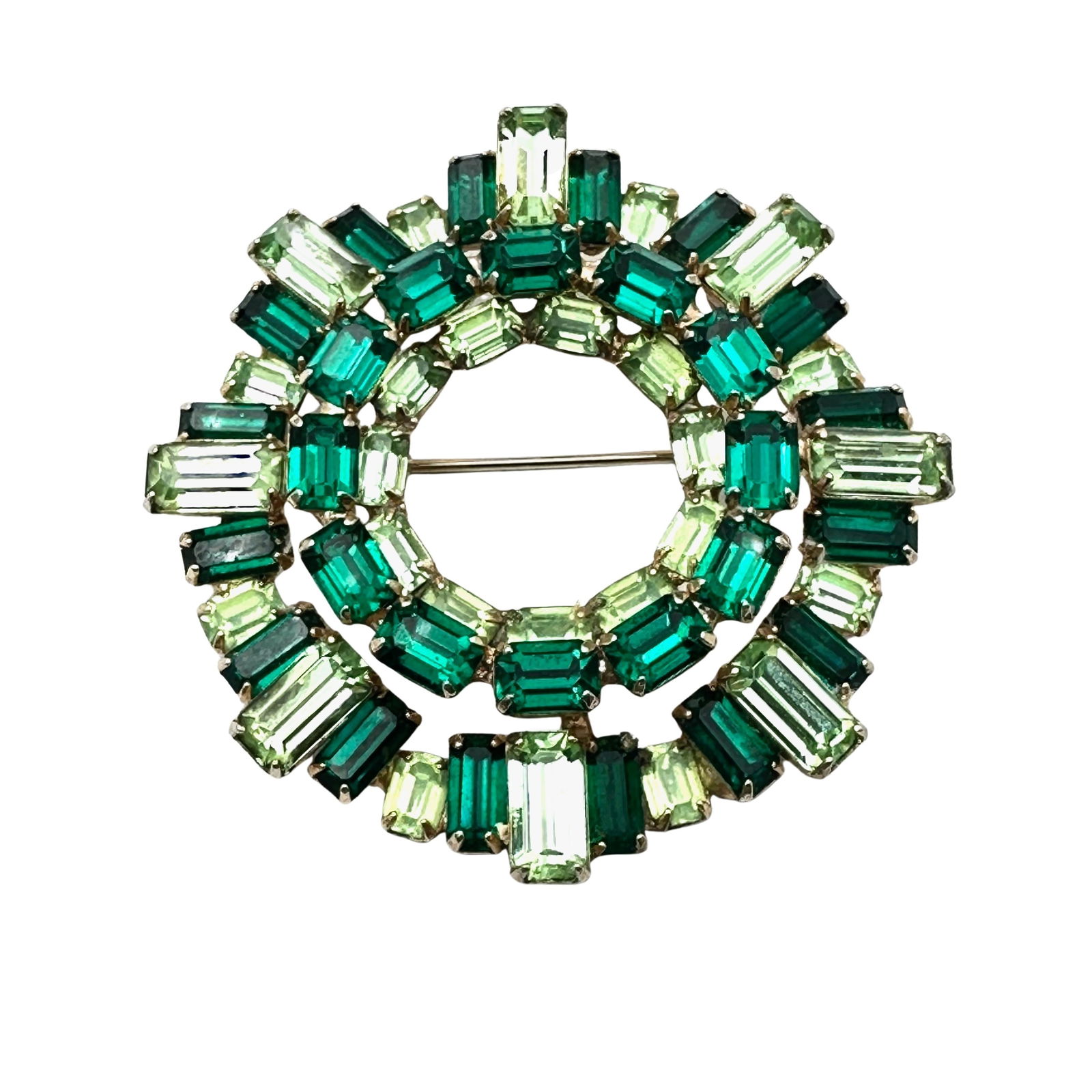 Vintage High End Unsigned Shades of Green Glass Rhinestone Gold Tone Brooch Pin 2.5 Inch (1 of 2)