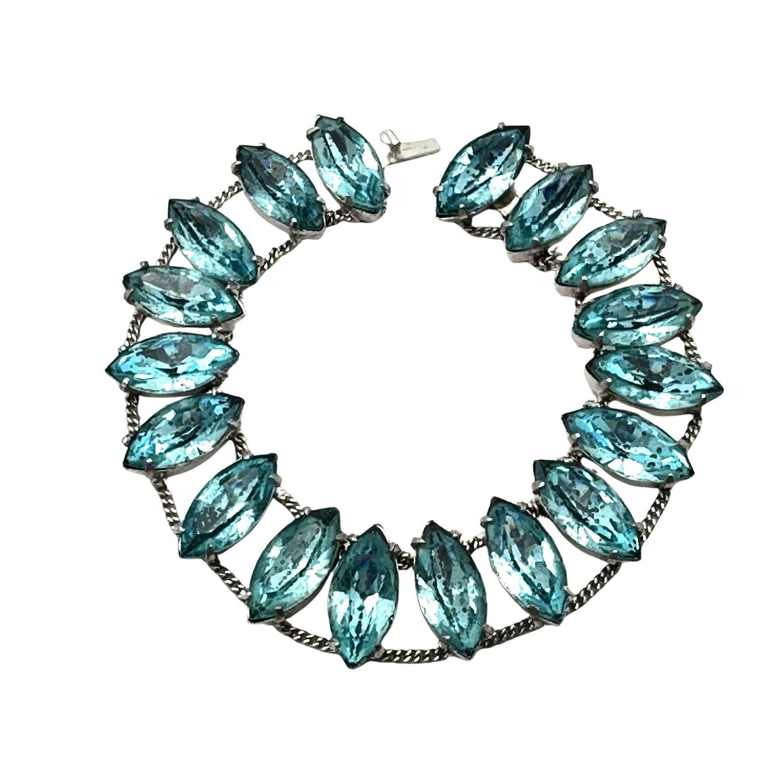 Antique Vintage Blue Glass Rhinestone Silver Tone Bracelet 7 Inch Unusual Construction (1 of 2)