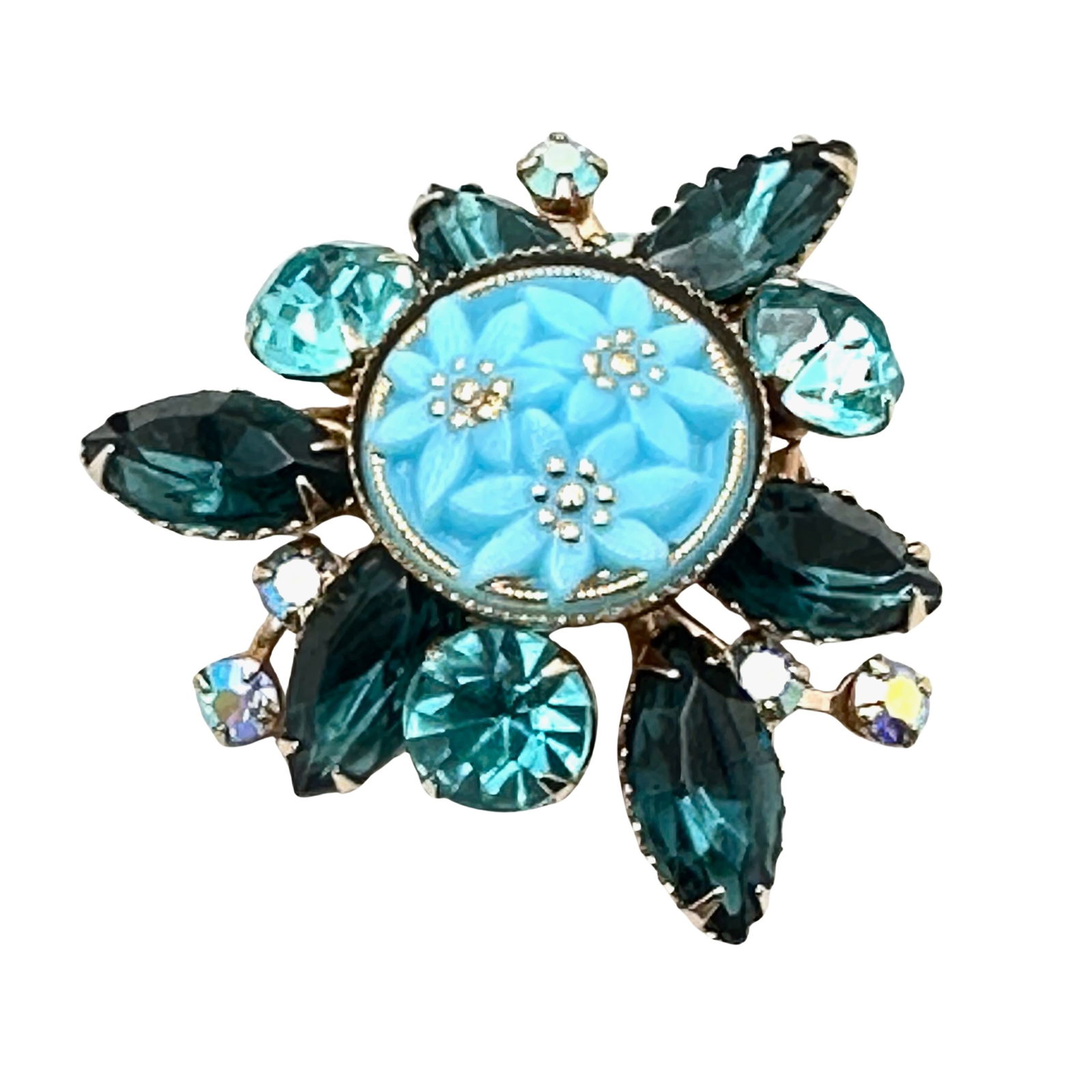 Vintage Shades of Blue Glass Rhinestone Pressed Glass Center Gold Tone Brooch Pin 1.5 Inch (1 of 2)