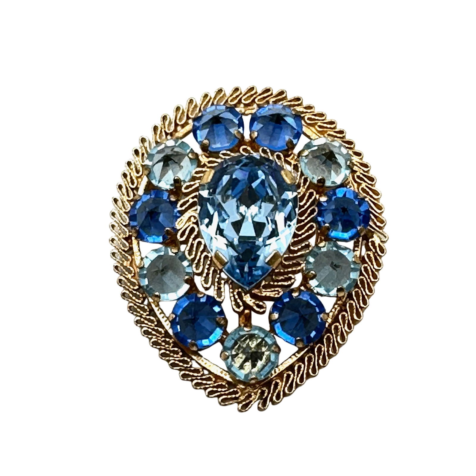 Vintage Austria Shades of Blue Gold Tone Filigree Brooch Pin 2 Inch (1 of 2)