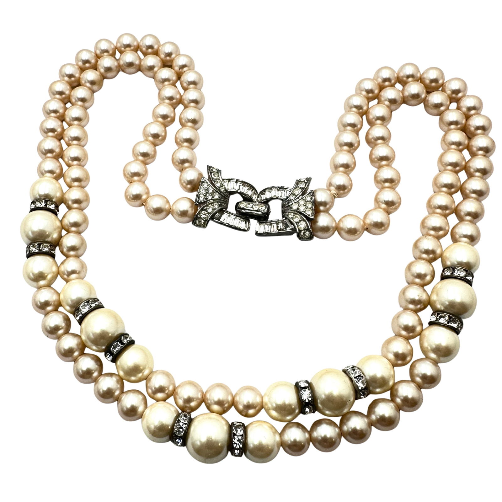 Vintage Carolee Clear Rhinestone Glass Pearl Double Strand Silver Tone Necklace 16 Inch (1 of 2)