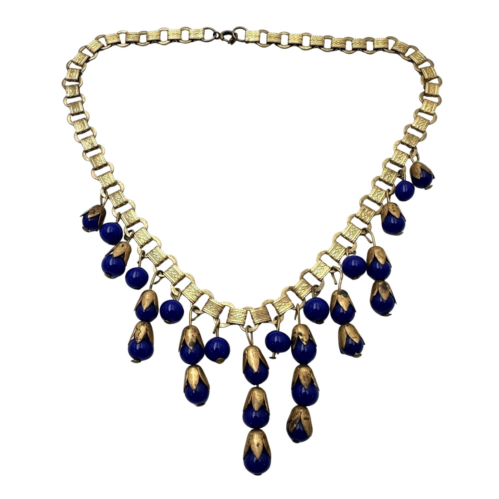 Antique Vintage Blue Czech Glass Festoon Book Chain Necklace 16 Inch (1 of 2)