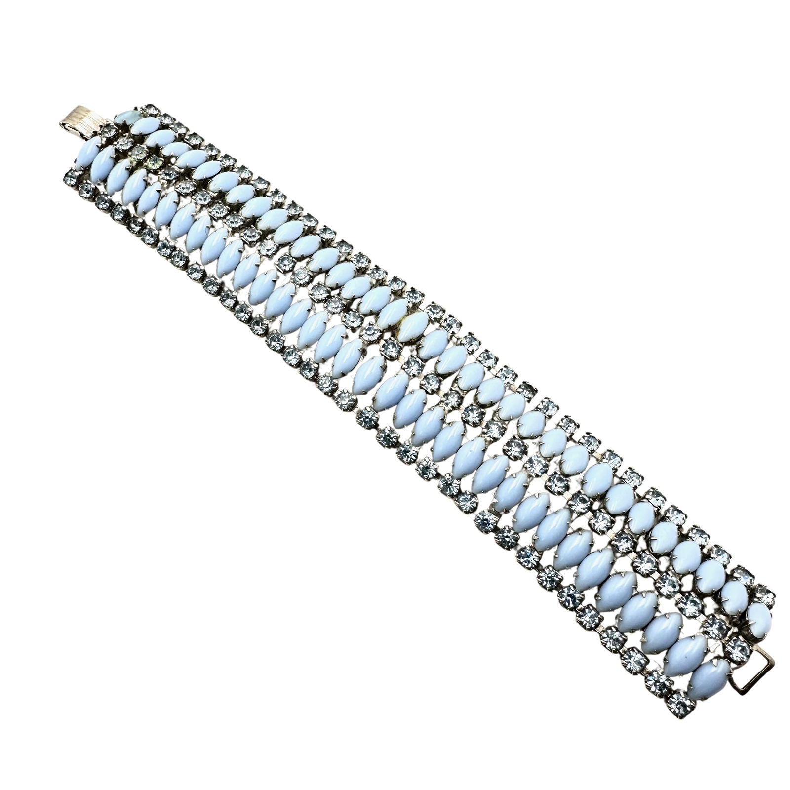 Vintage Wide Blue Milk Glass Rhinestone Silver Tone Bracelet 7 Inch (1 of 2)