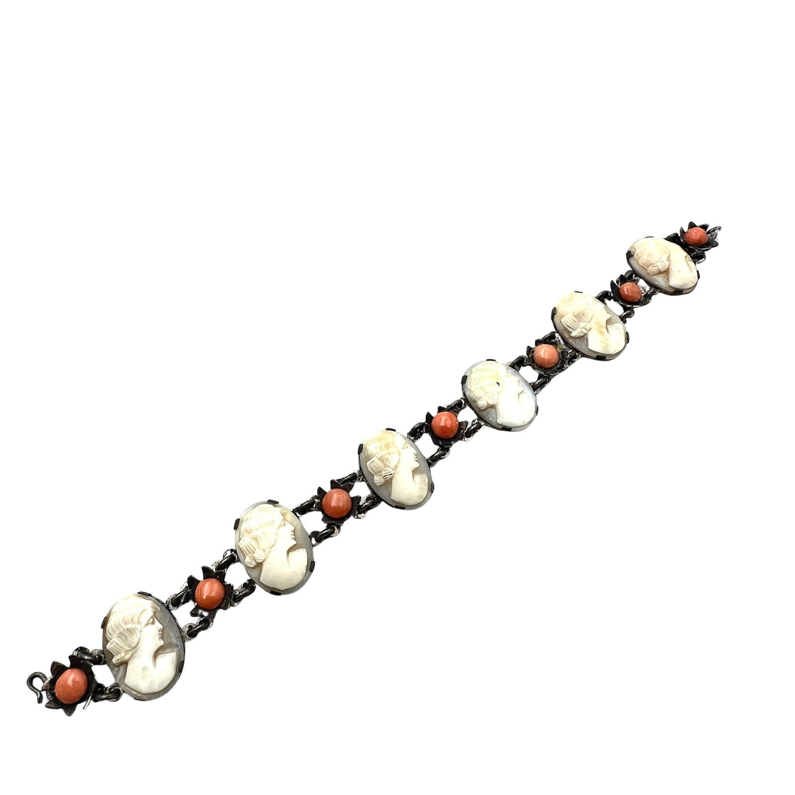 Antique Vintage 800 Silver Carved Shell Cameo Coral Bracelet 7 Inch: Antique Vintage 800 Silver Carved Shell Cameo Coral Bracelet 7 Inch