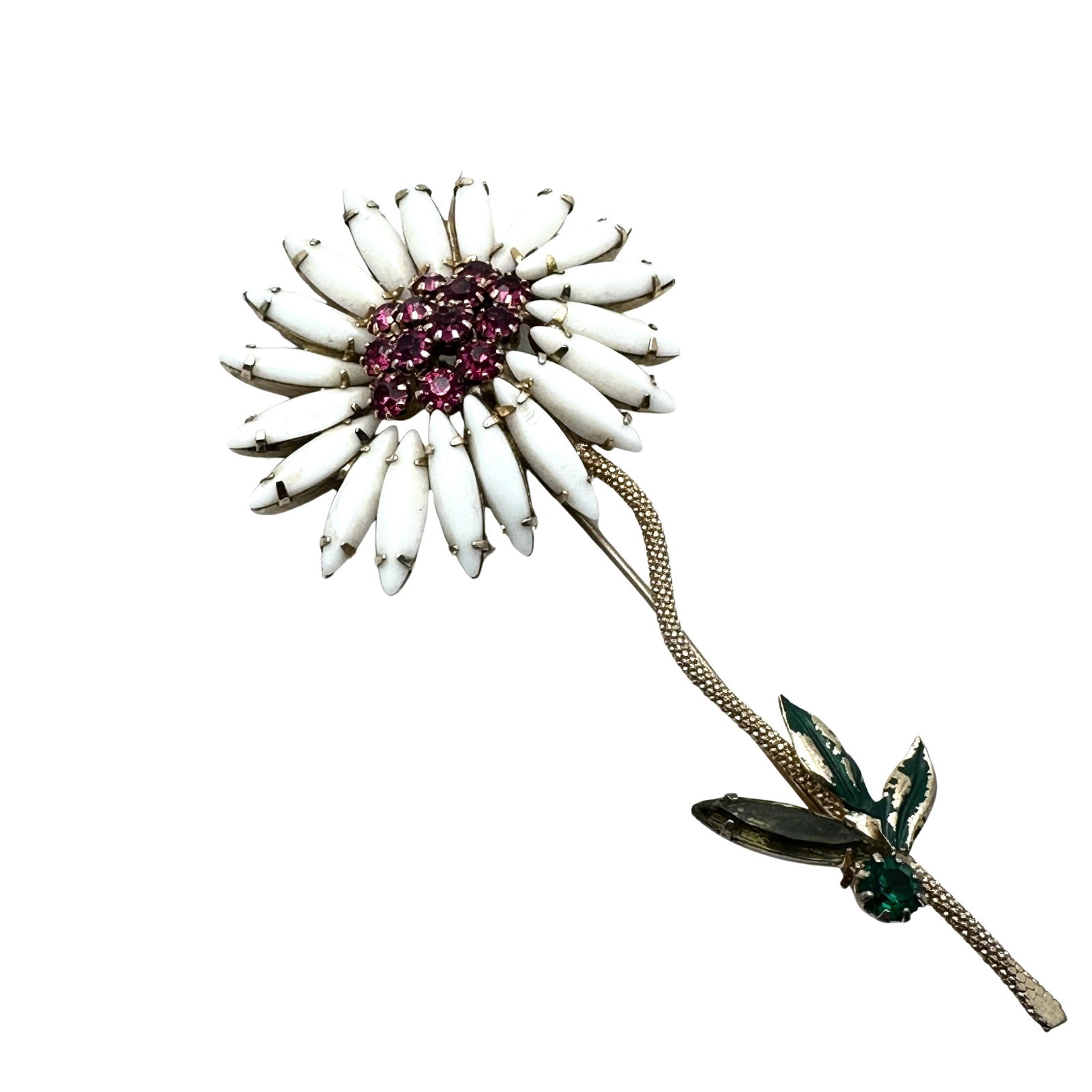 Vintage Unsigned Schreiner White Milk Glass And Pink Rhinestone Gold Tone Flower Brooch Pin 3.5 Inch (1 of 2)