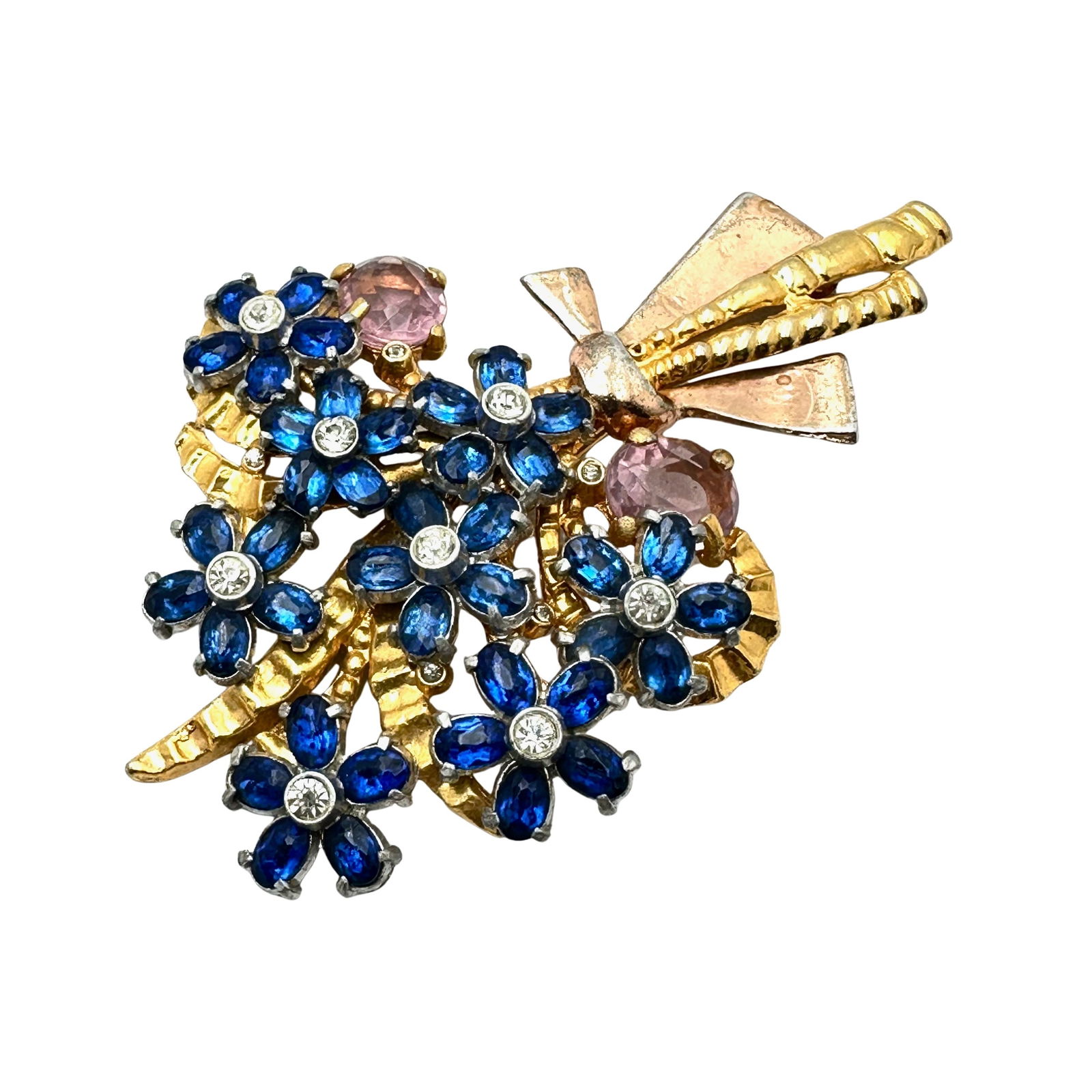 Antique Vintage Blue Glass Rhinestone Gold Over Silver Pot Metal Flower Bouquet Brooch Pin 3.5 Inch (1 of 2)