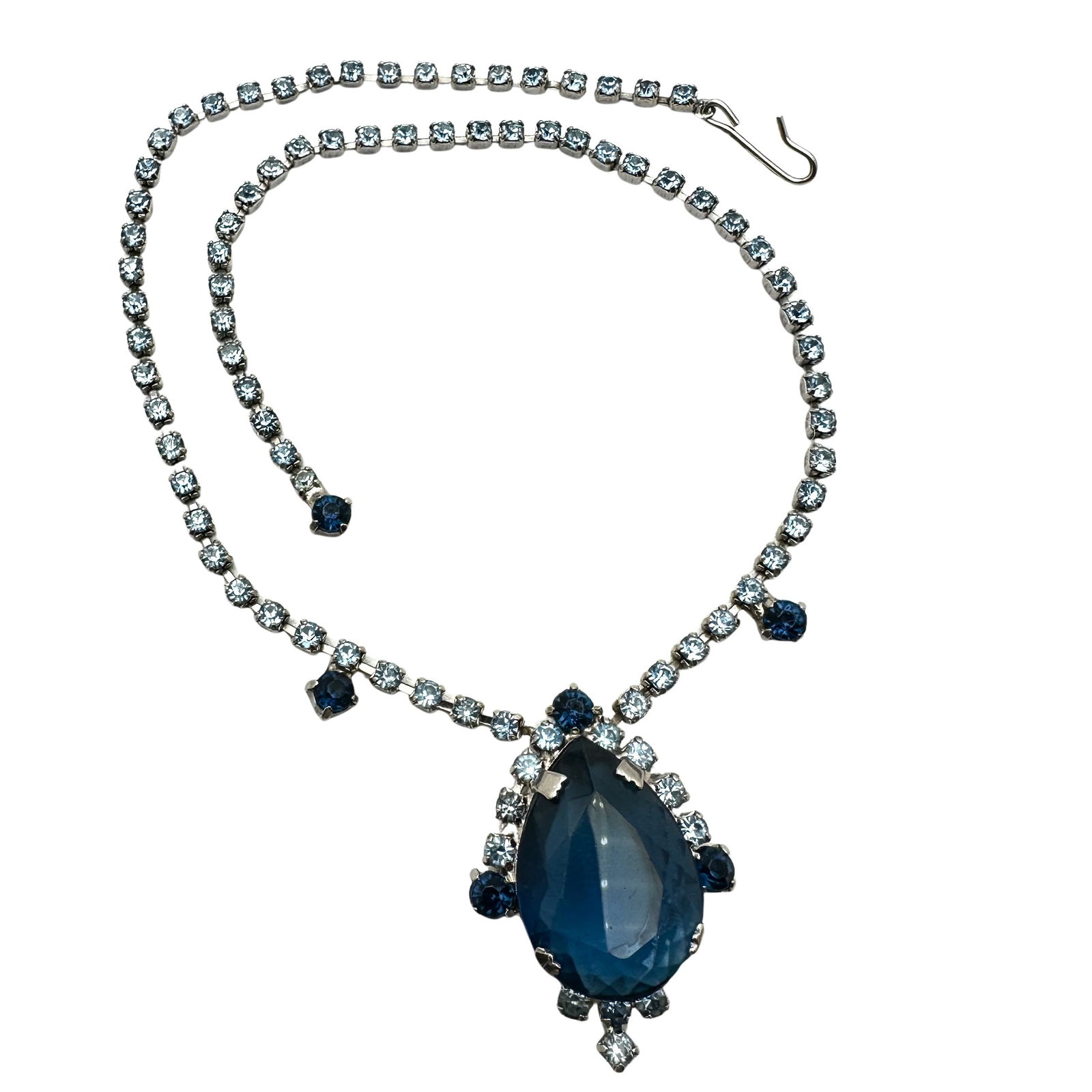 Vintage Shades of Blue Glass Rhinestone Silver Tone Necklace 15 Inch (1 of 2)