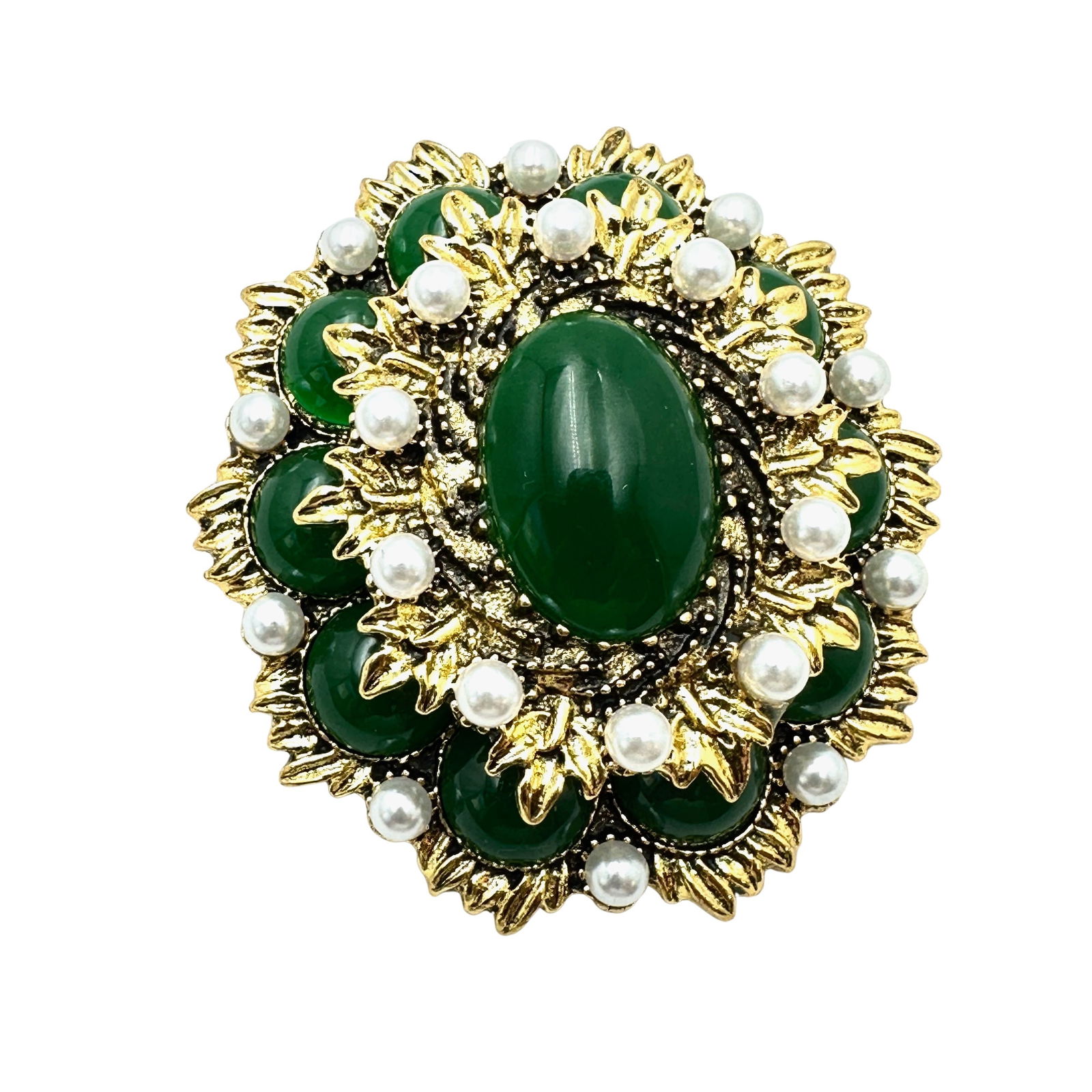 Green Glass Cabochon Faux Pearl Gold Tone Brooch Pin 2.5 Inch (1 of 2)