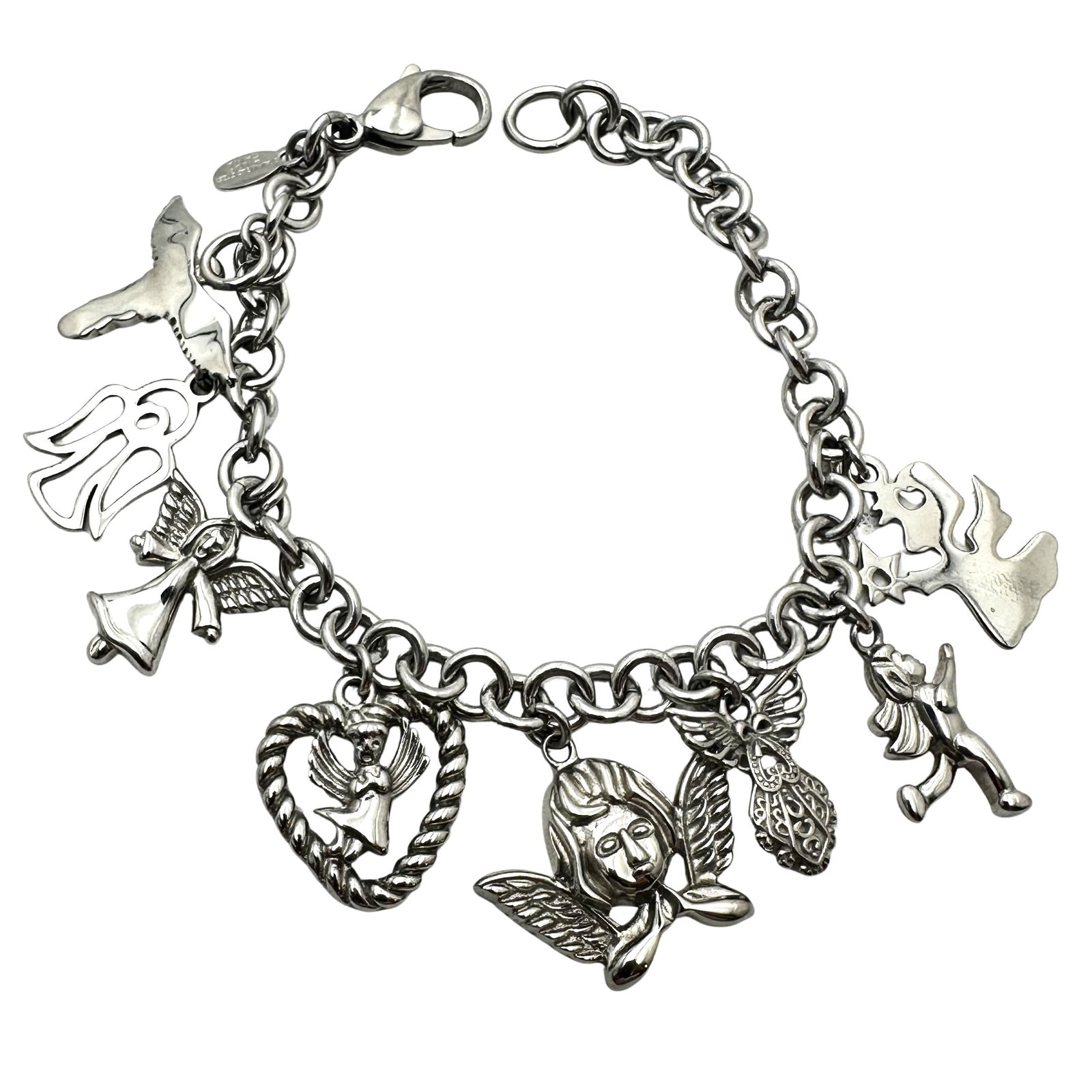 Milor Italy Stainless Steel Angel Charm Bracelet 7.5 Inch Unworn Condition: Milor Italy Stainless Steel Angel Charm Bracelet 7.5 Inch Unworn Condition