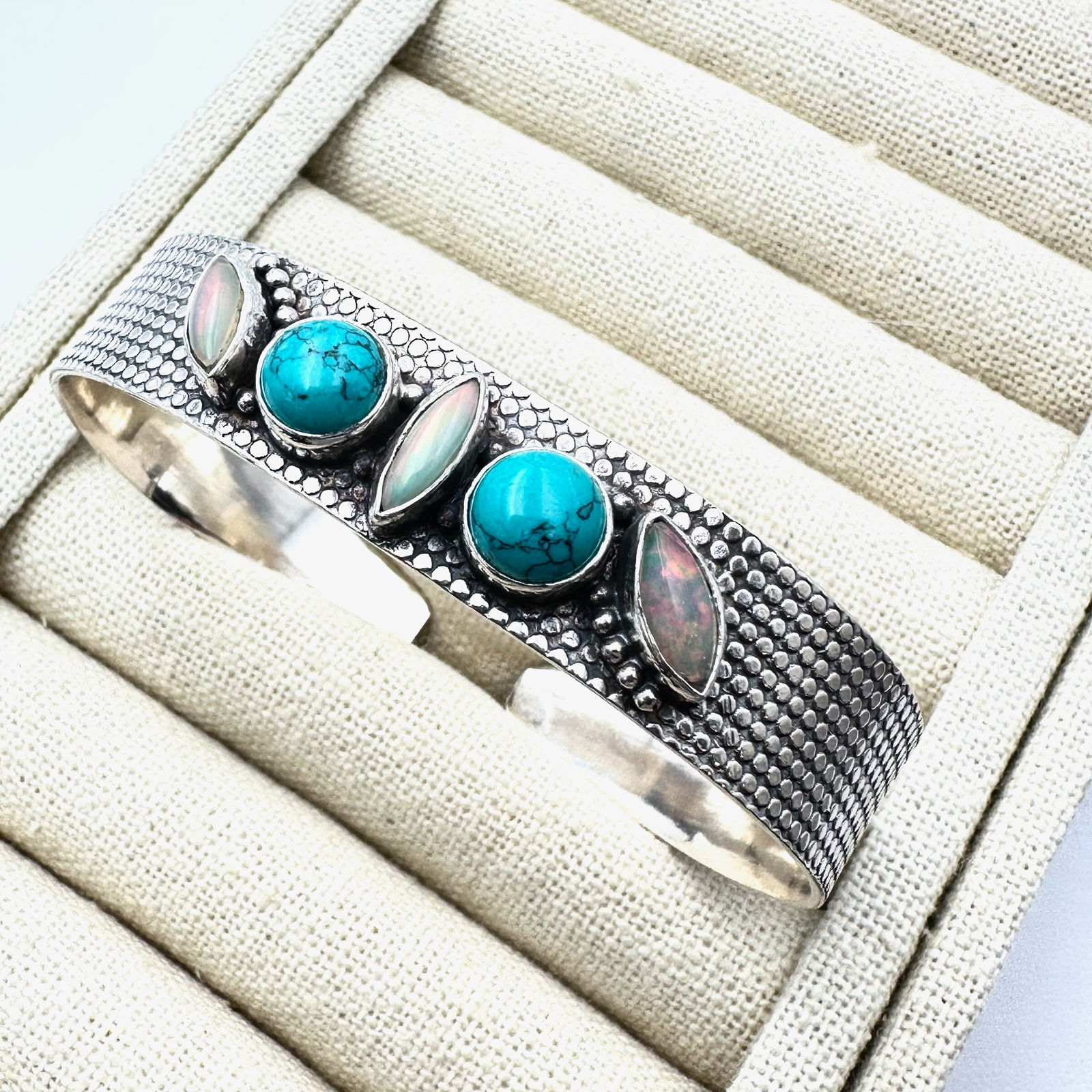 Turquoise Opal Silver Plated Cuff Bracelet Expandable Size: Turquoise Opal Silver Plated Cuff Bracelet Expandable Size