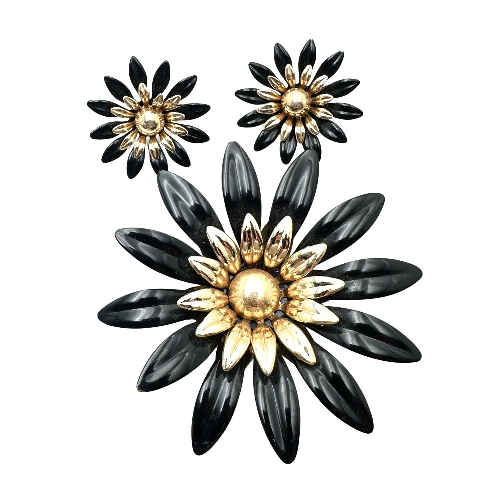 Vintage Sarah Coventry Black Enamel Gold Tone Retro Flower Brooch and Clip Earrings Set (1 of 2)