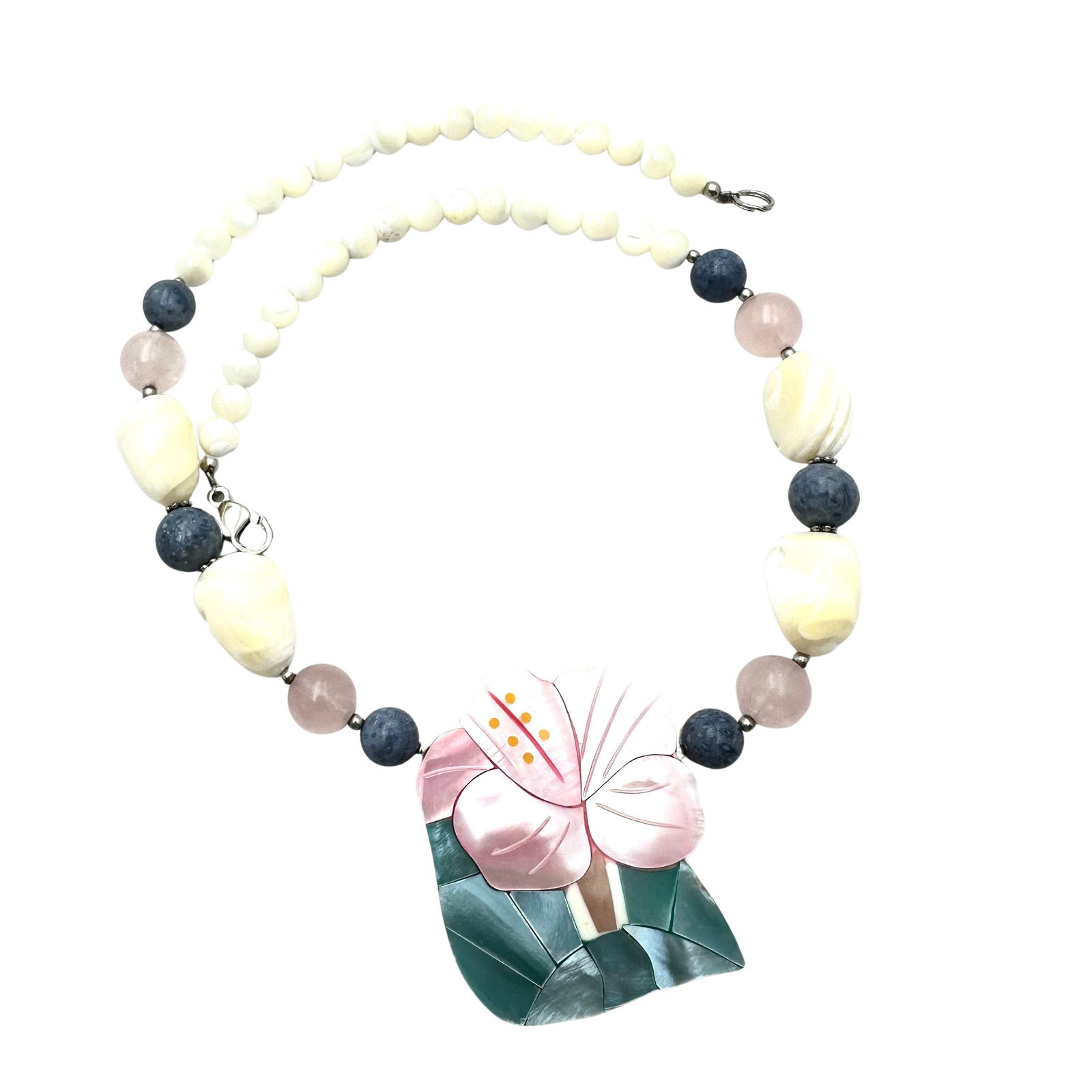 Vintage Lee Sands Inlay Multi Gemstone Pink Flower Pendant Necklace 18 Inch (1 of 2)