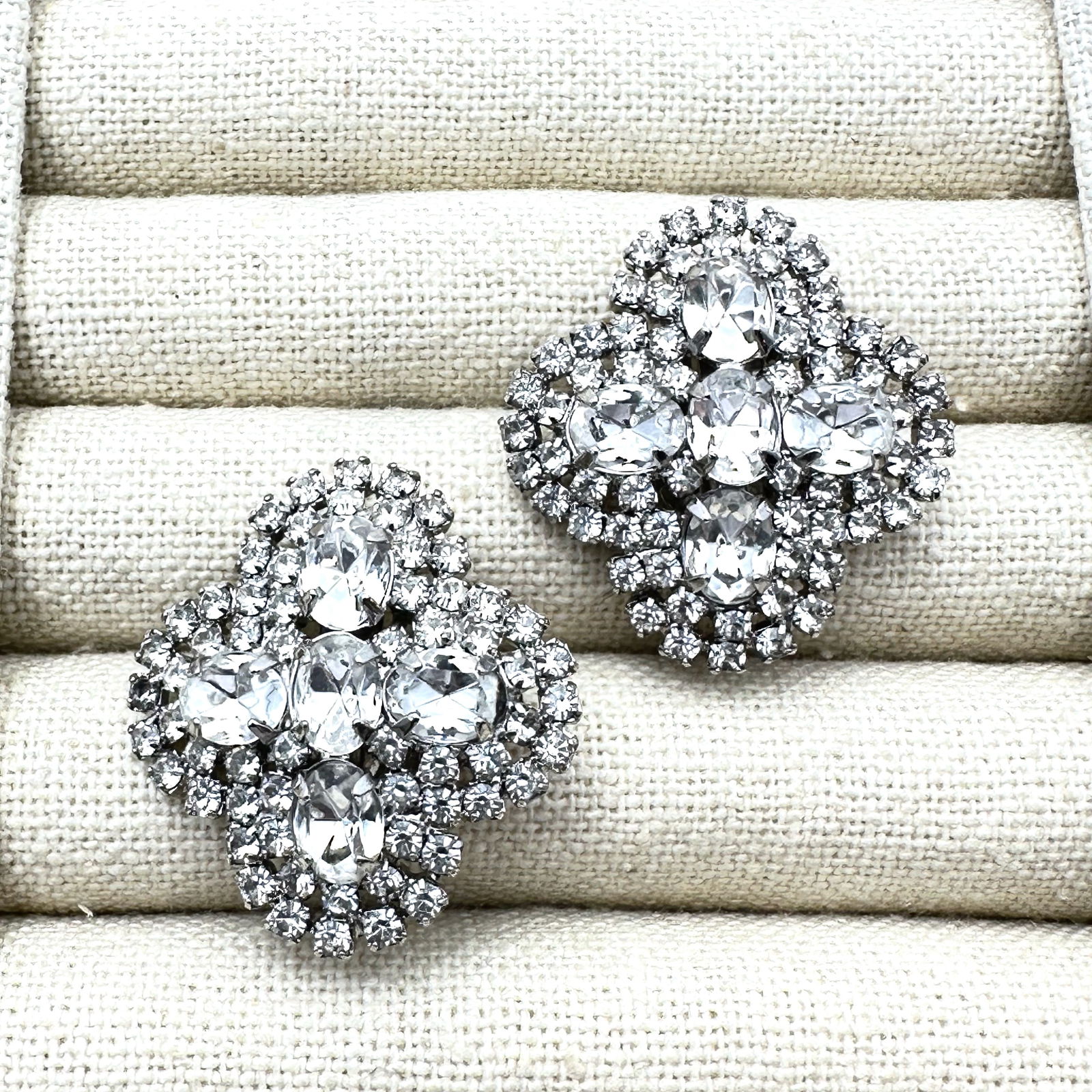 Vintage Kirks Folly Clear Glass Rhinestone Silver Tone Clip Earrings 1.25 Inch (1 of 2)