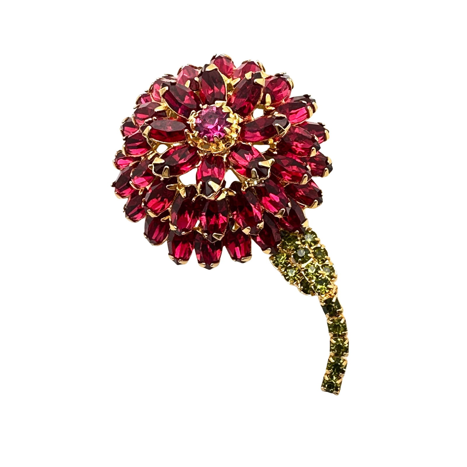 Vintage High End Unsigned Pink Glass Rhinestone Domed Flower Brooch Pin Gold tone 2.5 Inch (1 of 2)
