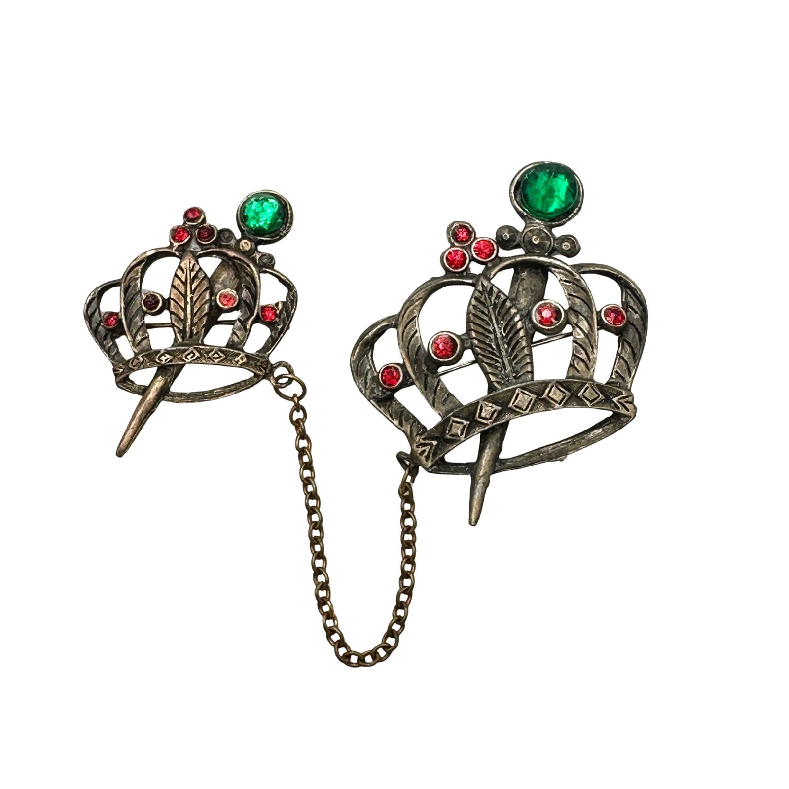 Vintage Red Green Rhinestone Pair of Crown Brooches Chatelaine 4 Inch (1 of 2)
