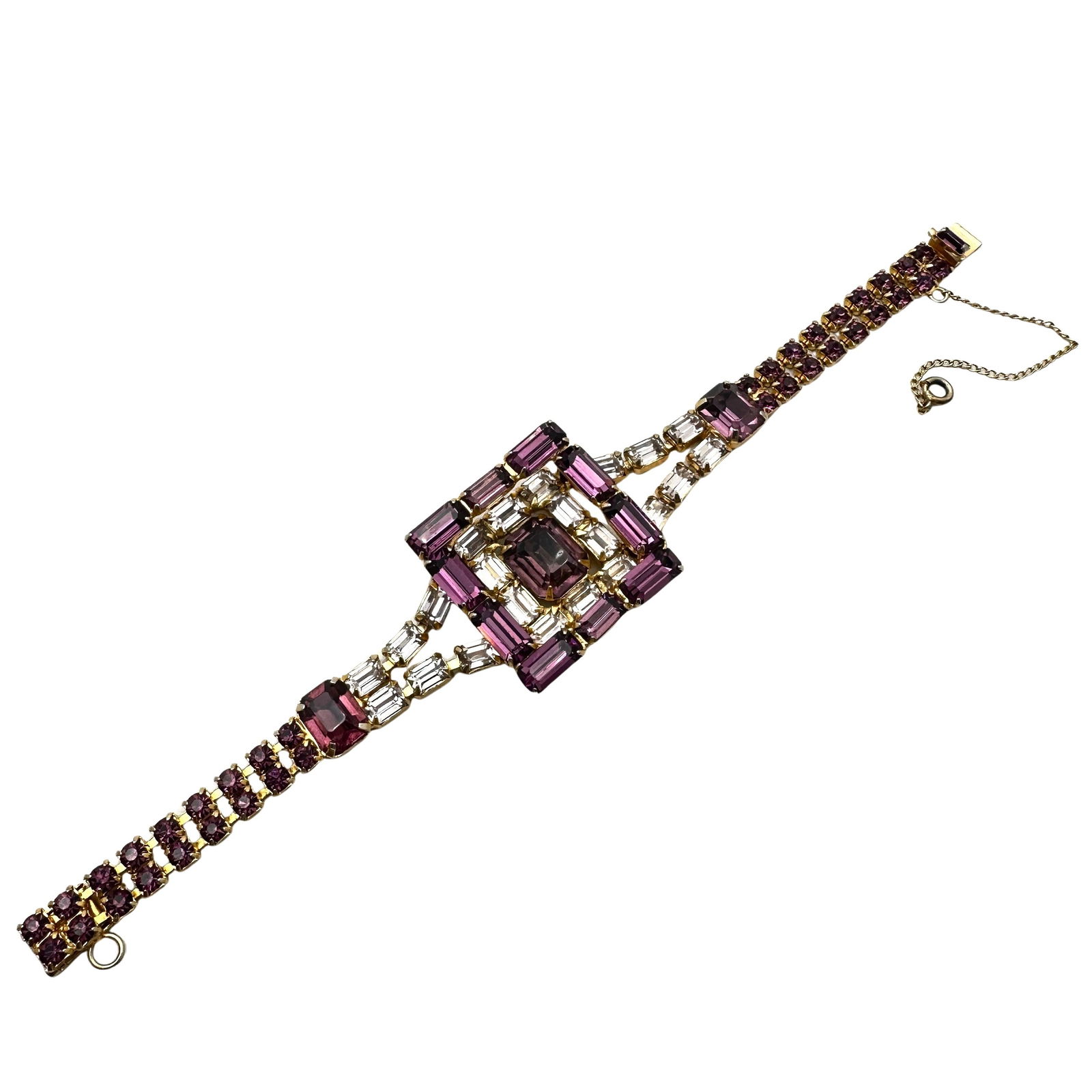 Vintage Weiss Purle Glass Rhinestone Gold Tone Bracelet 7 Inch (1 of 2)