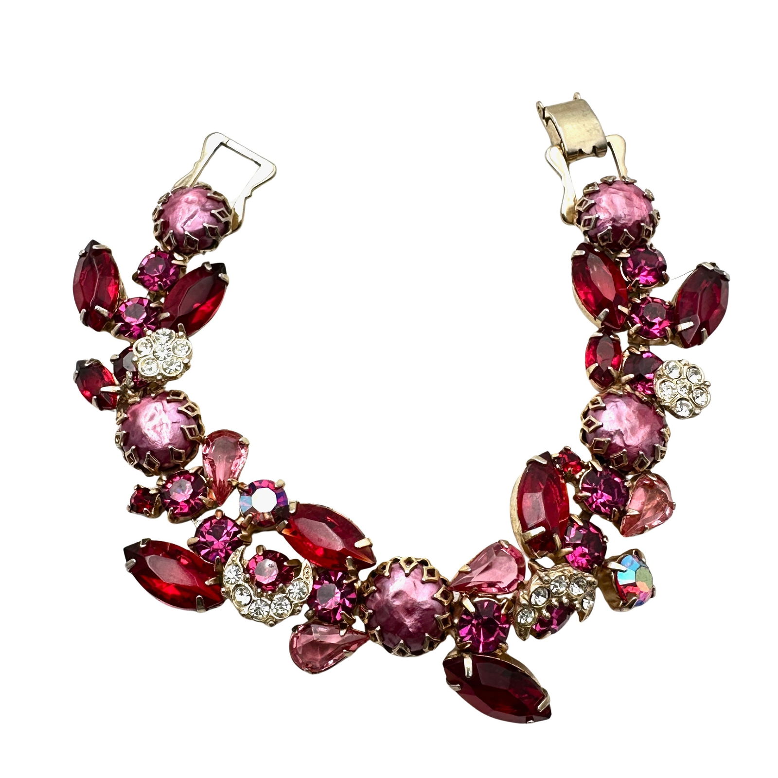 Vintage High End Unsigned Pink Faux Pearl Glass Rhinestone Gold Tone Bracelet 7.25 Inch (1 of 2)