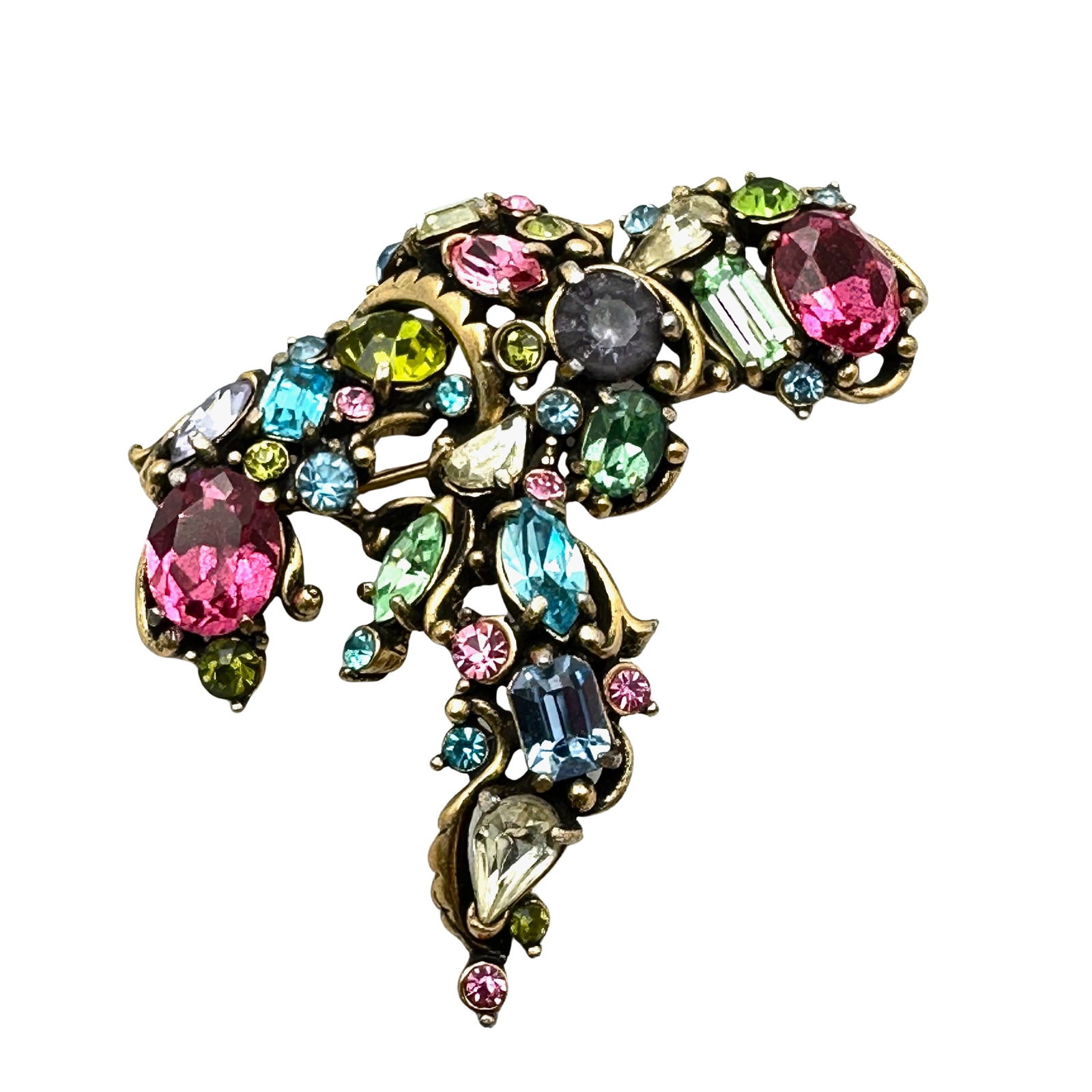 Vintage Hollycraft Corp 1953 Multicolor Glass Rhinestone Gold Tone Brooch Pin. 2.5 Inch (1 of 2)