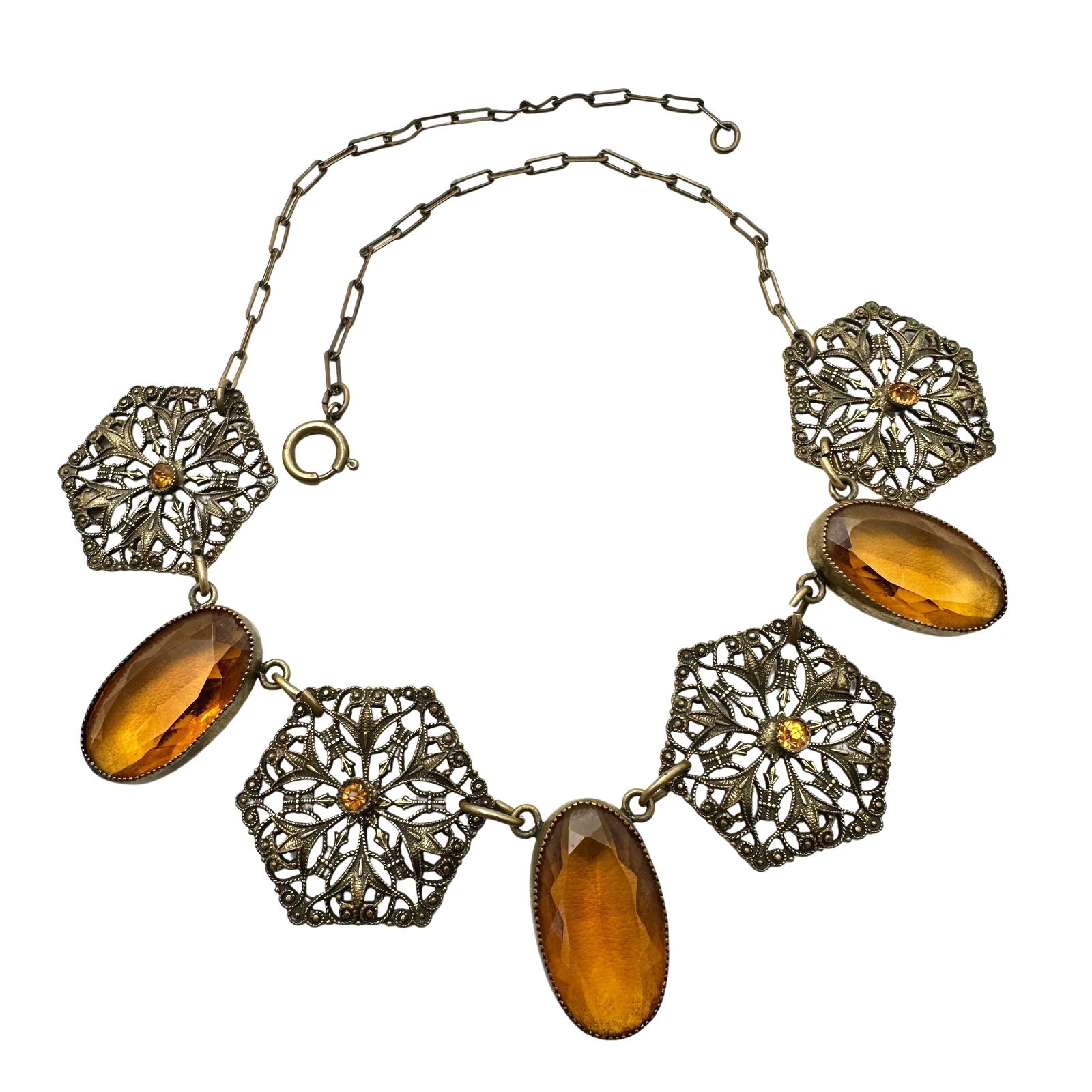 Antique Vintage Amber Colored Czech Glass Antiqued Gold Tone Filigree Necklace 15 Inch: Antique Vintage Amber Colored Czech Glass Antiqued Gold Tone Filigree Necklace 15 Inch