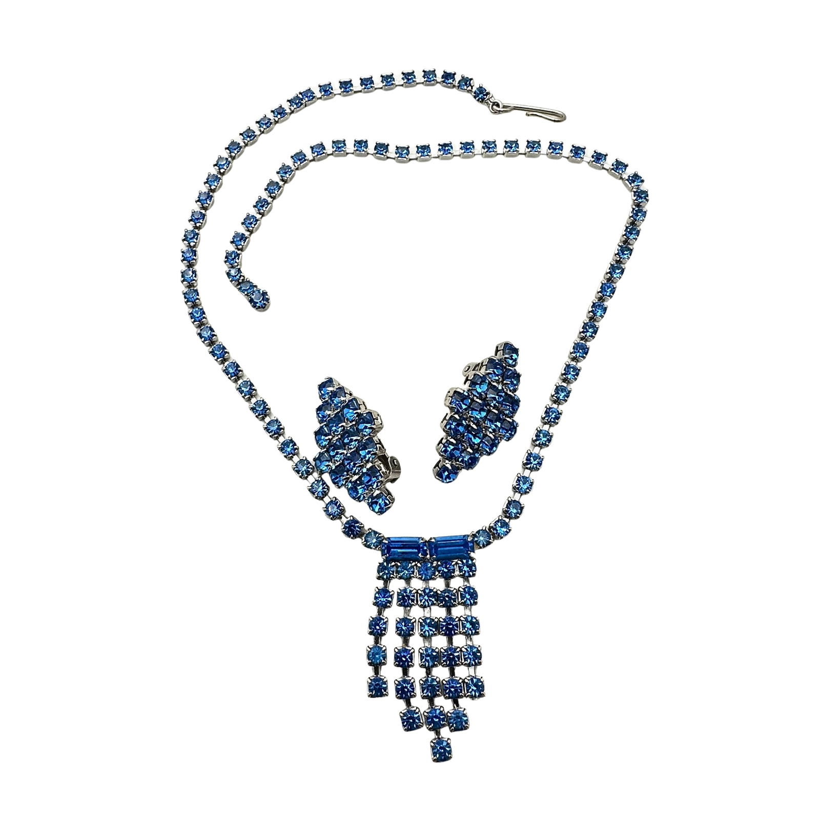 Vintage Blue Glass Rhinestone Silver Tone 15 Inch Necklace And Clip Earrings Set (1 of 2)