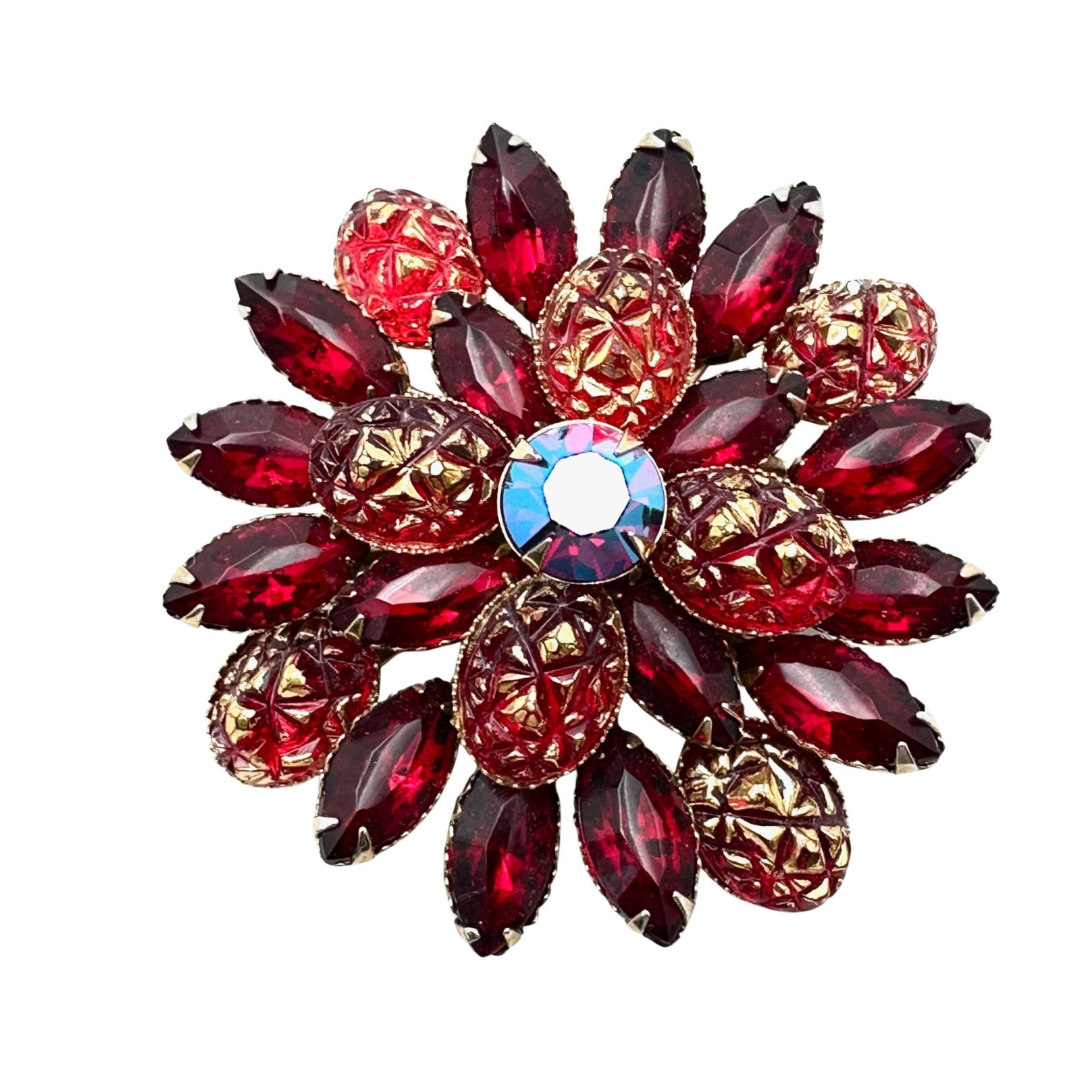 Vintage Red Rhinestone Molded Glass Gold Tone Brooch Pin Unsigned Beau Jewels or Judy Lee (1 of 2)
